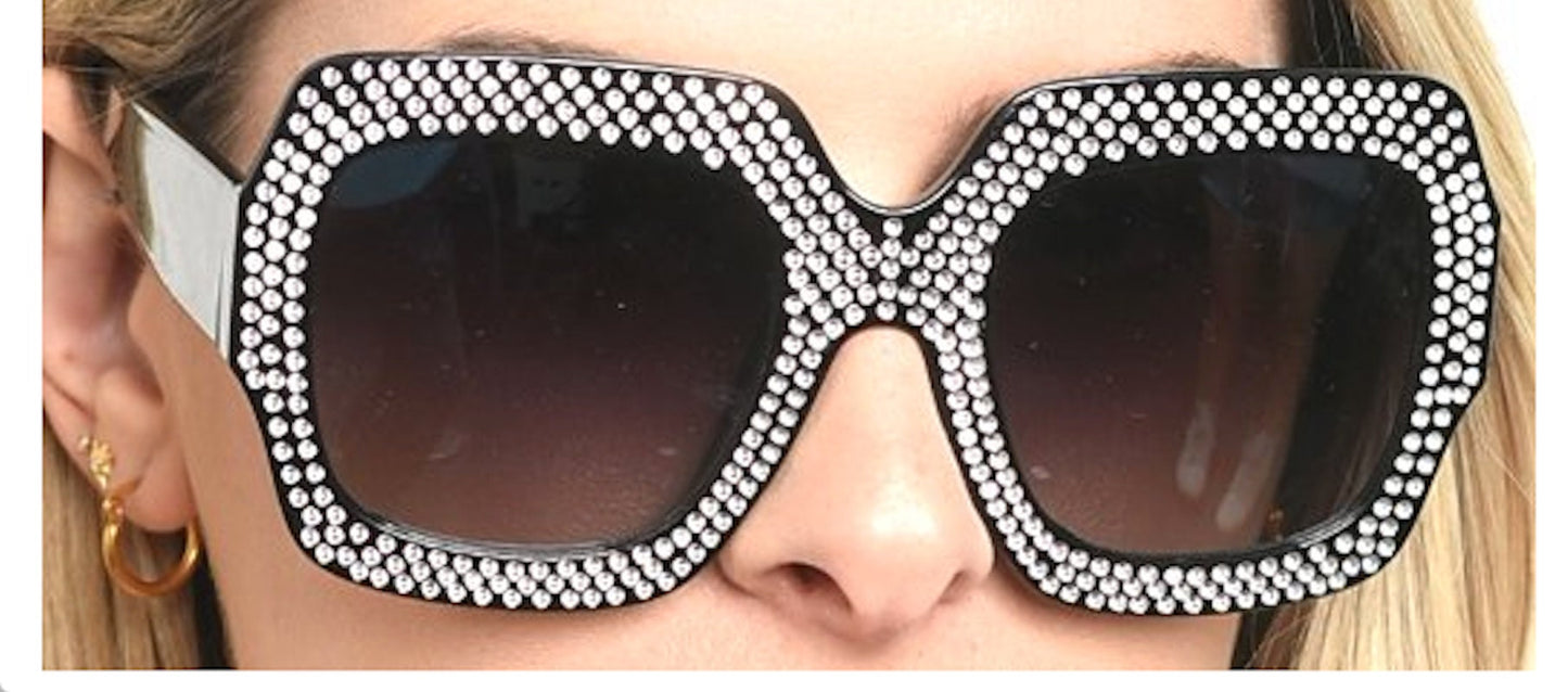 Oversized Vintage Retro Bling Rhinestone Square Frame Sunglasses