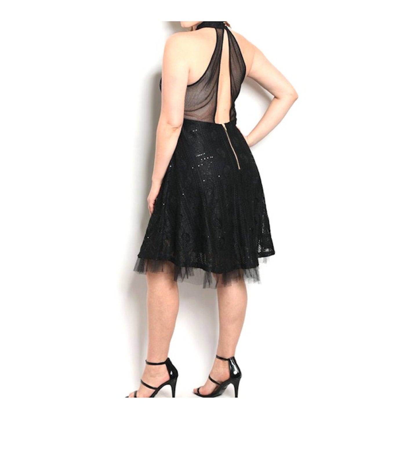 Plus Size 1X Choker Halter Sequin Tulle Open Mesh Back Party Dress