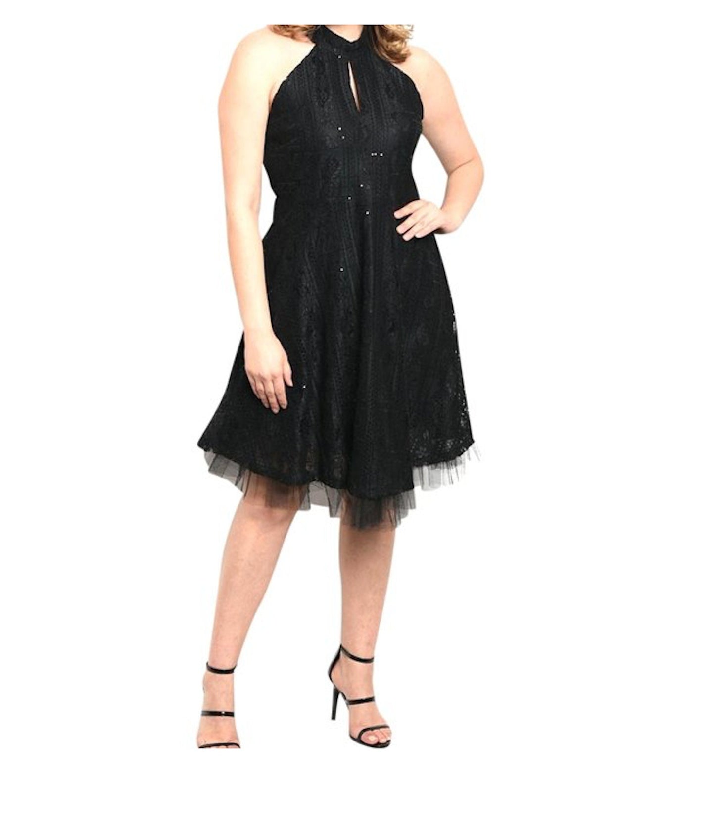 Plus Size 1X Choker Halter Sequin Tulle Open Mesh Back Party Dress