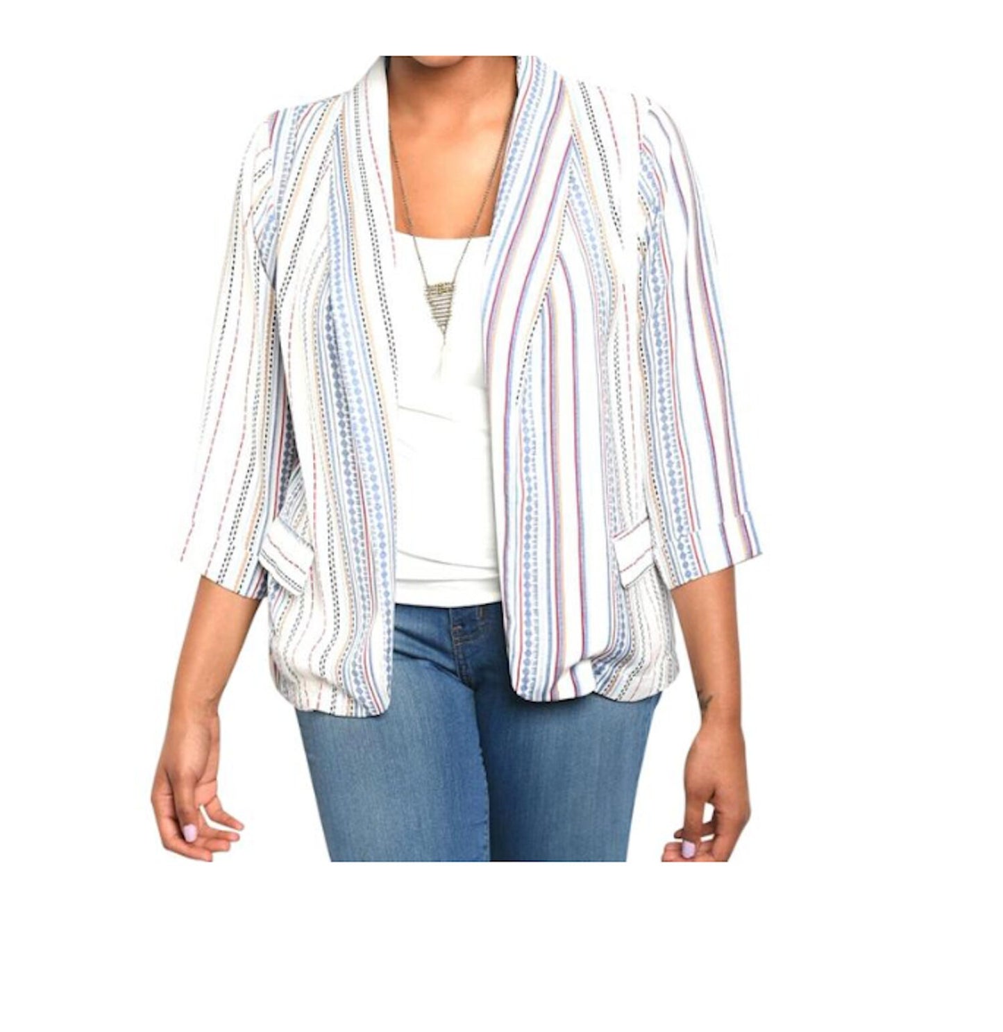 Plus Size 3/4 Sleeve Open Front Dash Stripe Blazer Jacket