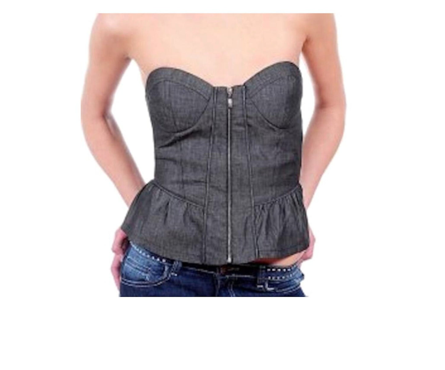 Women's Zip Up Strapless Denim Ruffle Corset Bustier Top Blouse Fashion