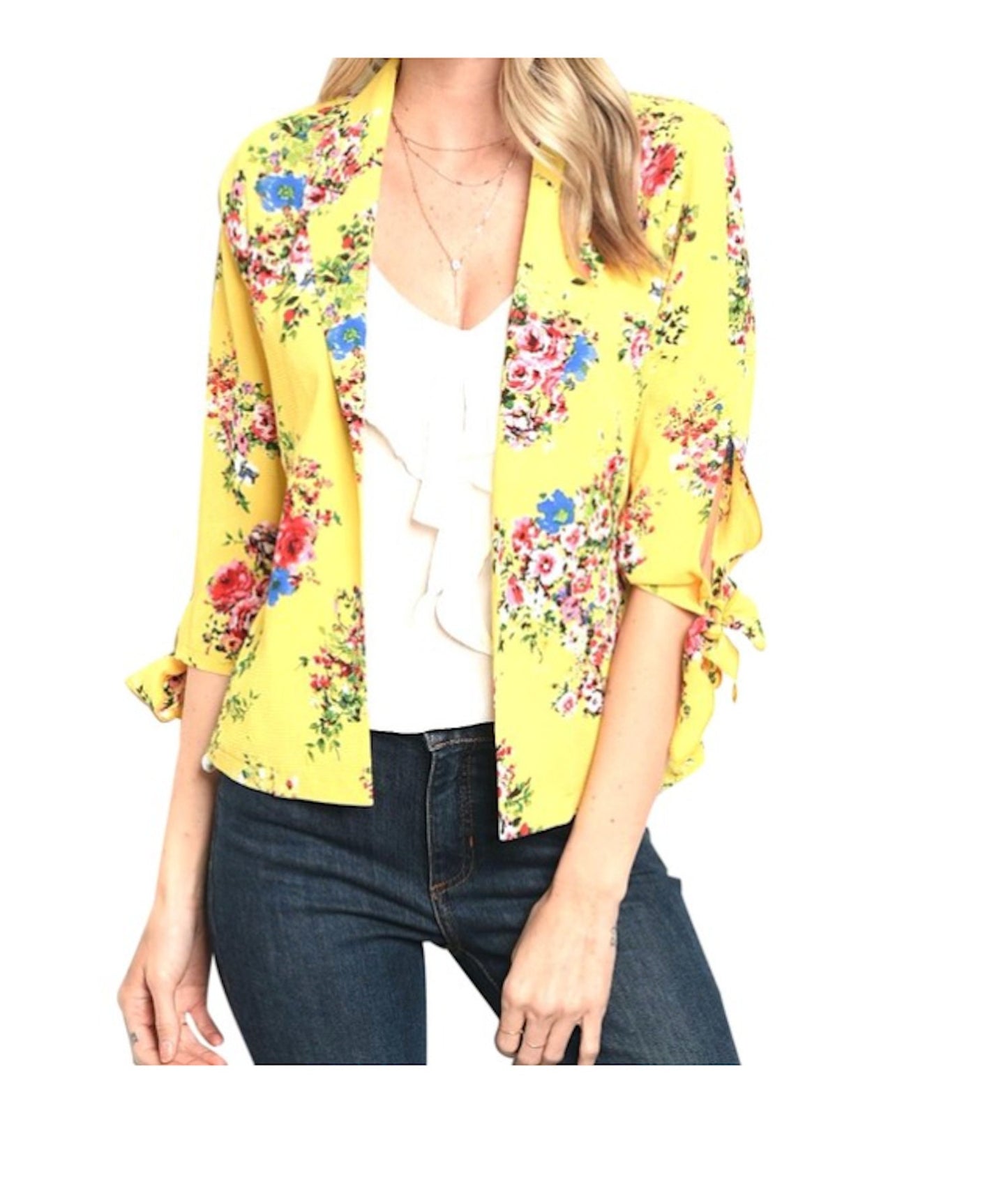 Open Front 3/4 Tie Sleeve Floral Blazer Jacket