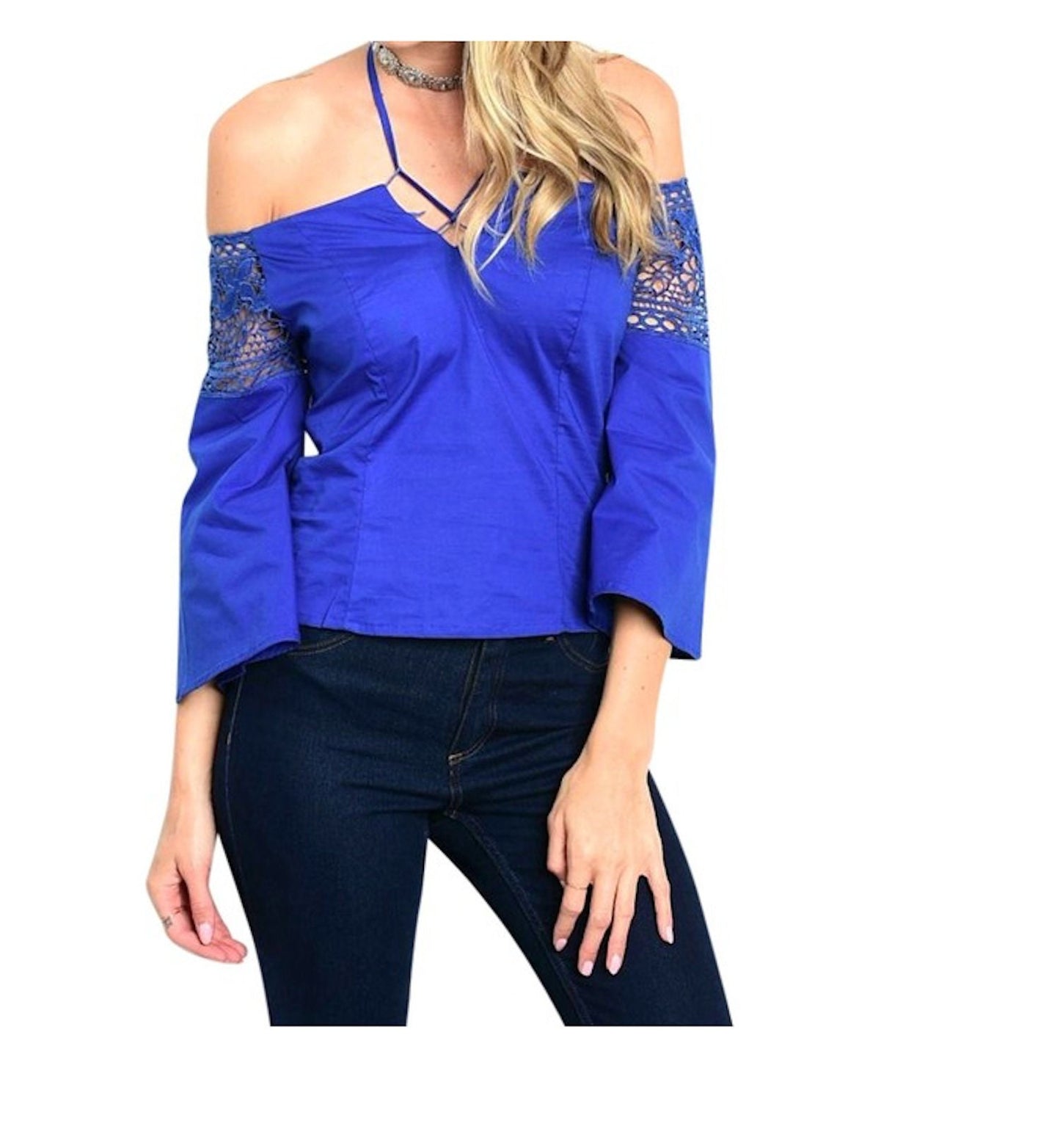 3/4 Trumpet Sleeve Crochet Accent Off Shoulder Halter Top Blouse