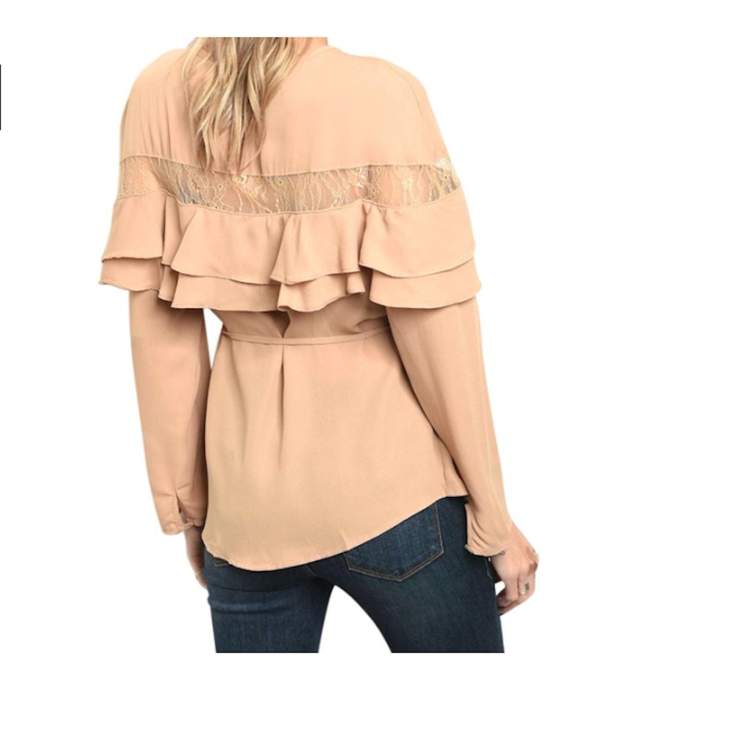 Wrap Style Lace Sheer Insert Layer Cape Top Blouse