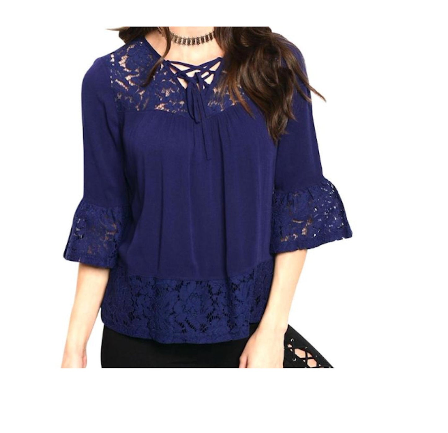 3/4 Bell Sleeve Lace Up Lace Trim Top Blouse
