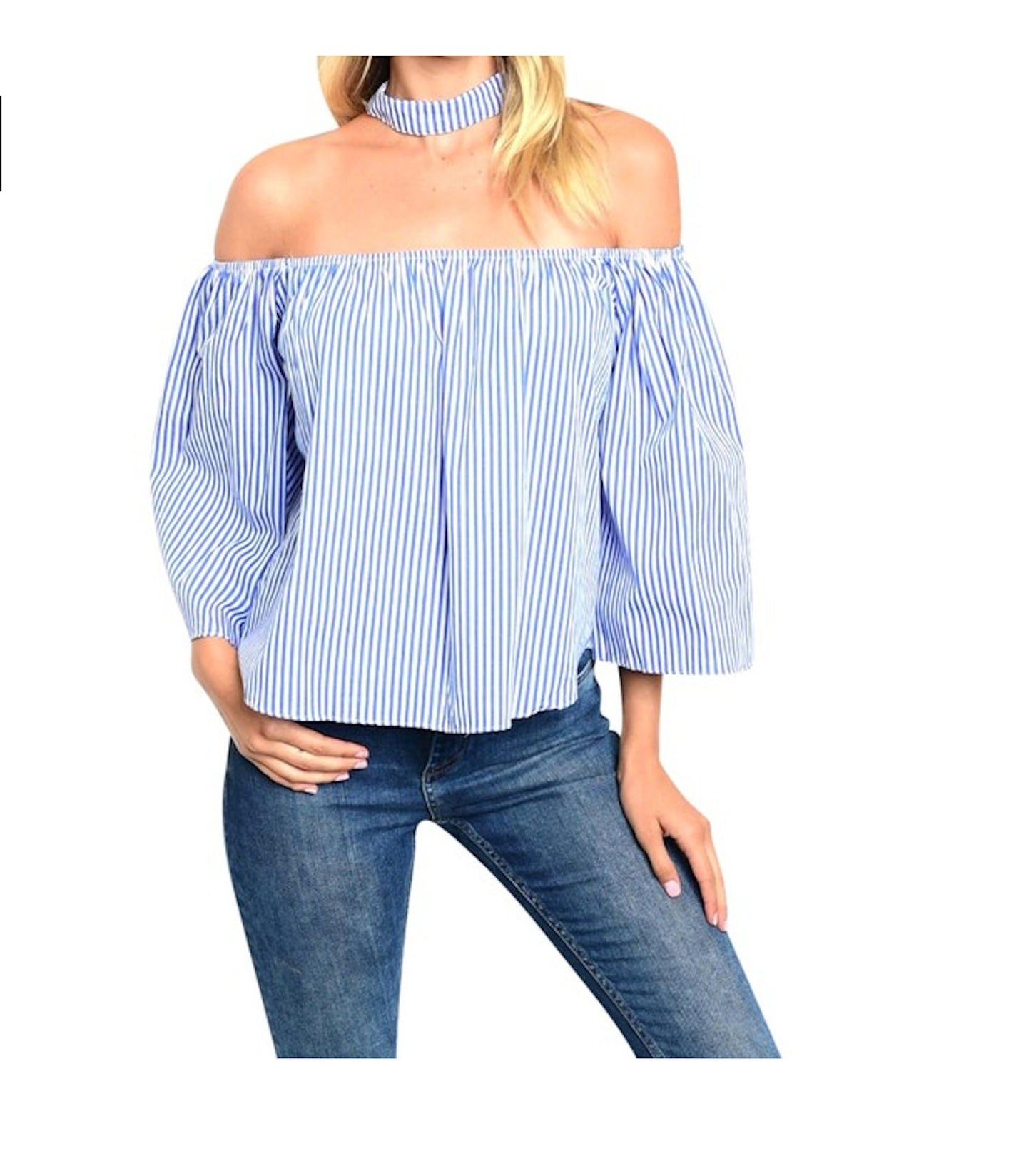 Stripe Wide Crop Sleeve Off Shoulder Choker Top Blouse