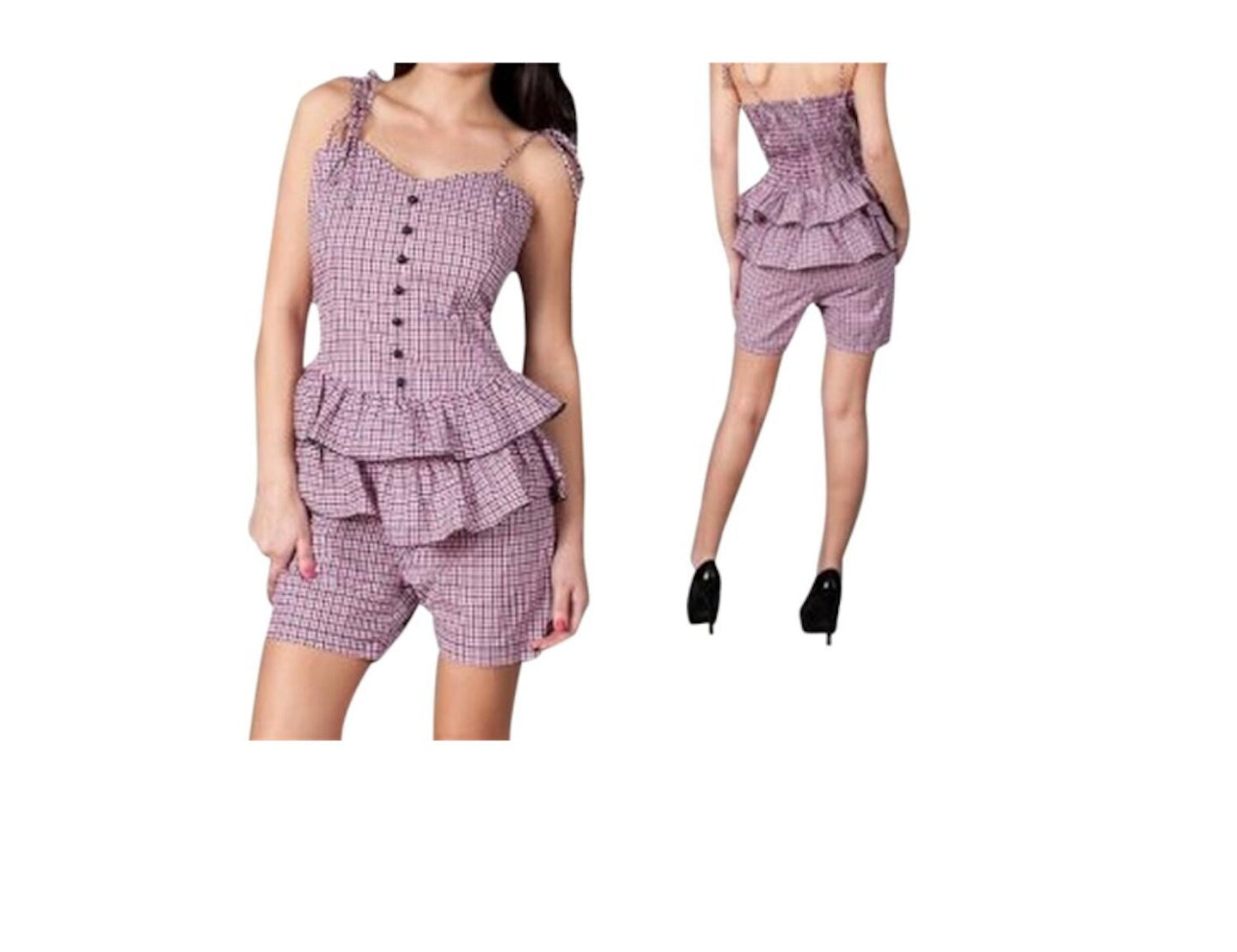 PINK TREND Plus Size Plaid Ruffle Waist Peplum Romper