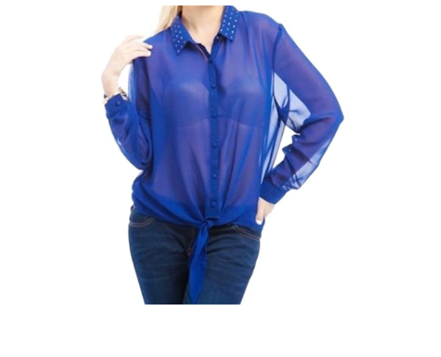 Women's Plus Size Long Sleeve Crystal Accent Semi Sheer Button Down Collar Blouse Top Fashion