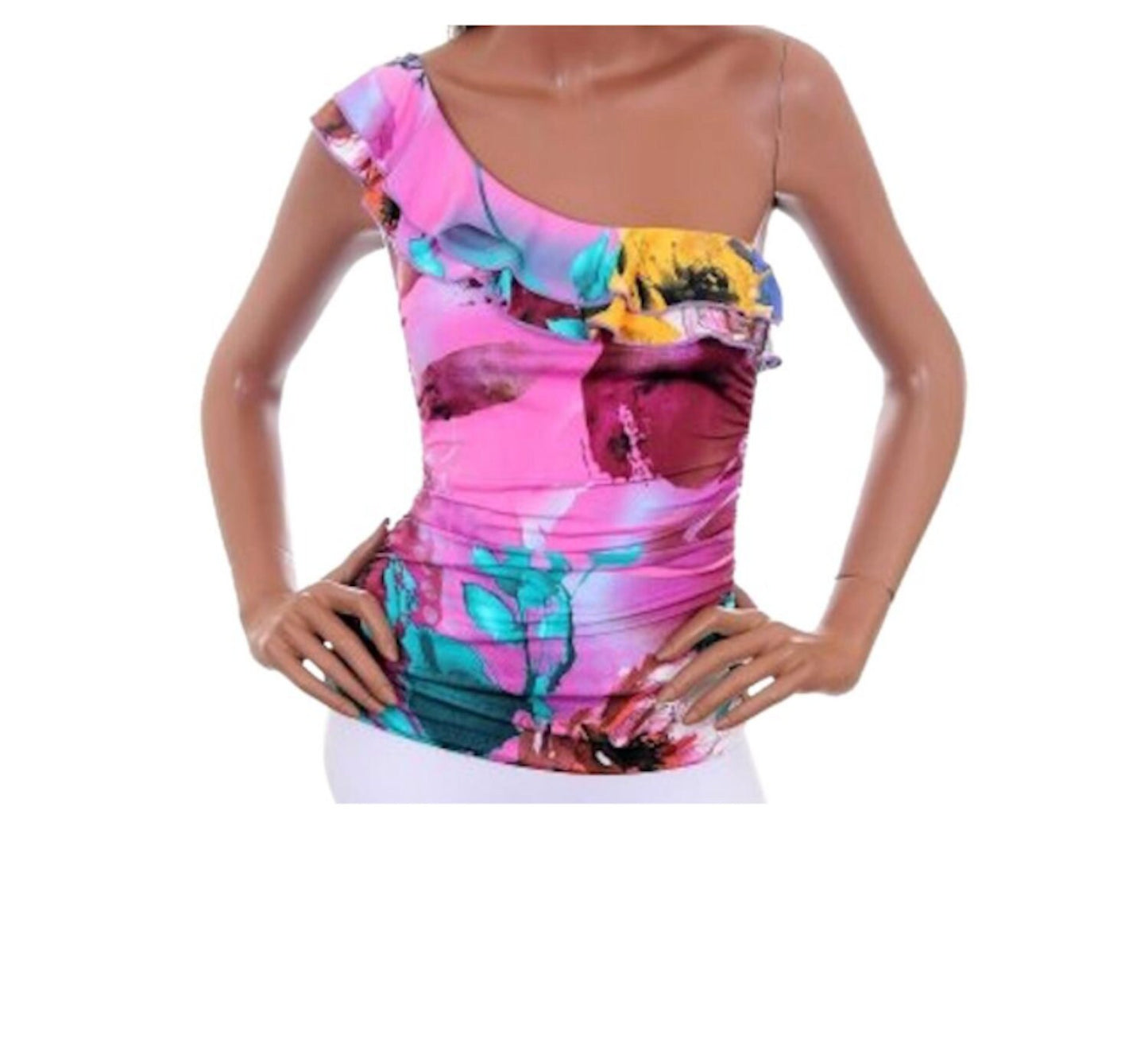 PINK TREND Tropical Print One Shoulder Ruffle Top Blouse