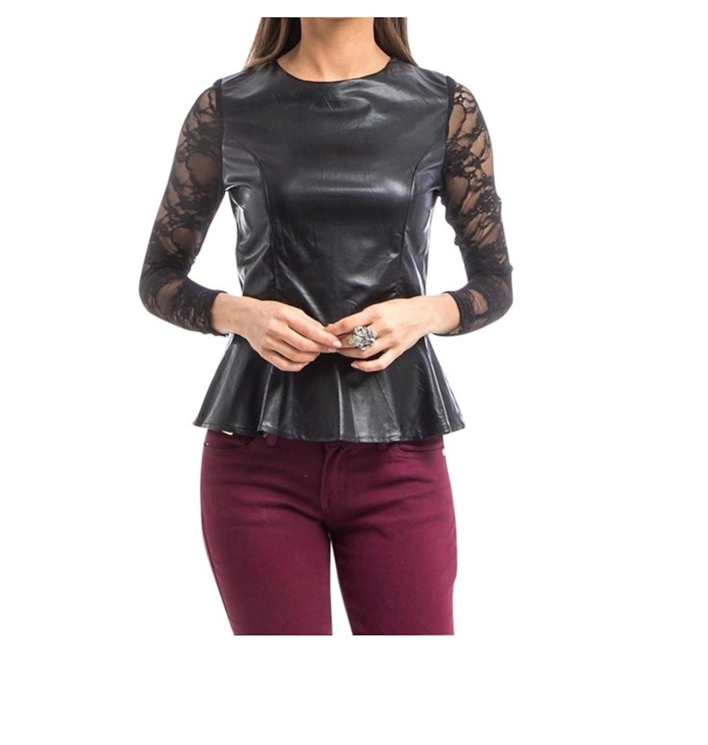 Women's Faux Leather Lace Sleeve Peplum Top Blouse Last One Size Small
