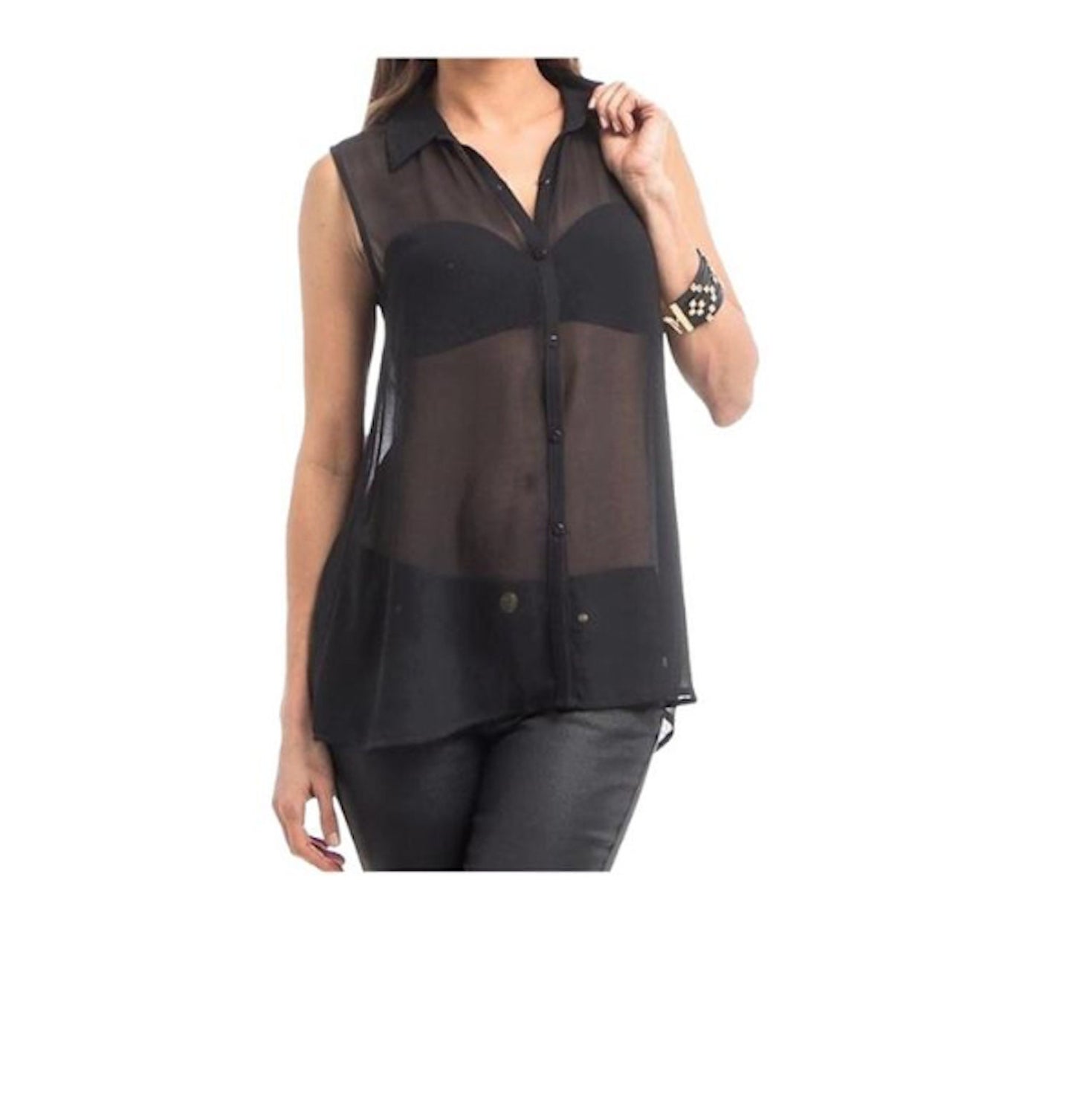 Sleeveless Chiffon Button Down Top Blouse