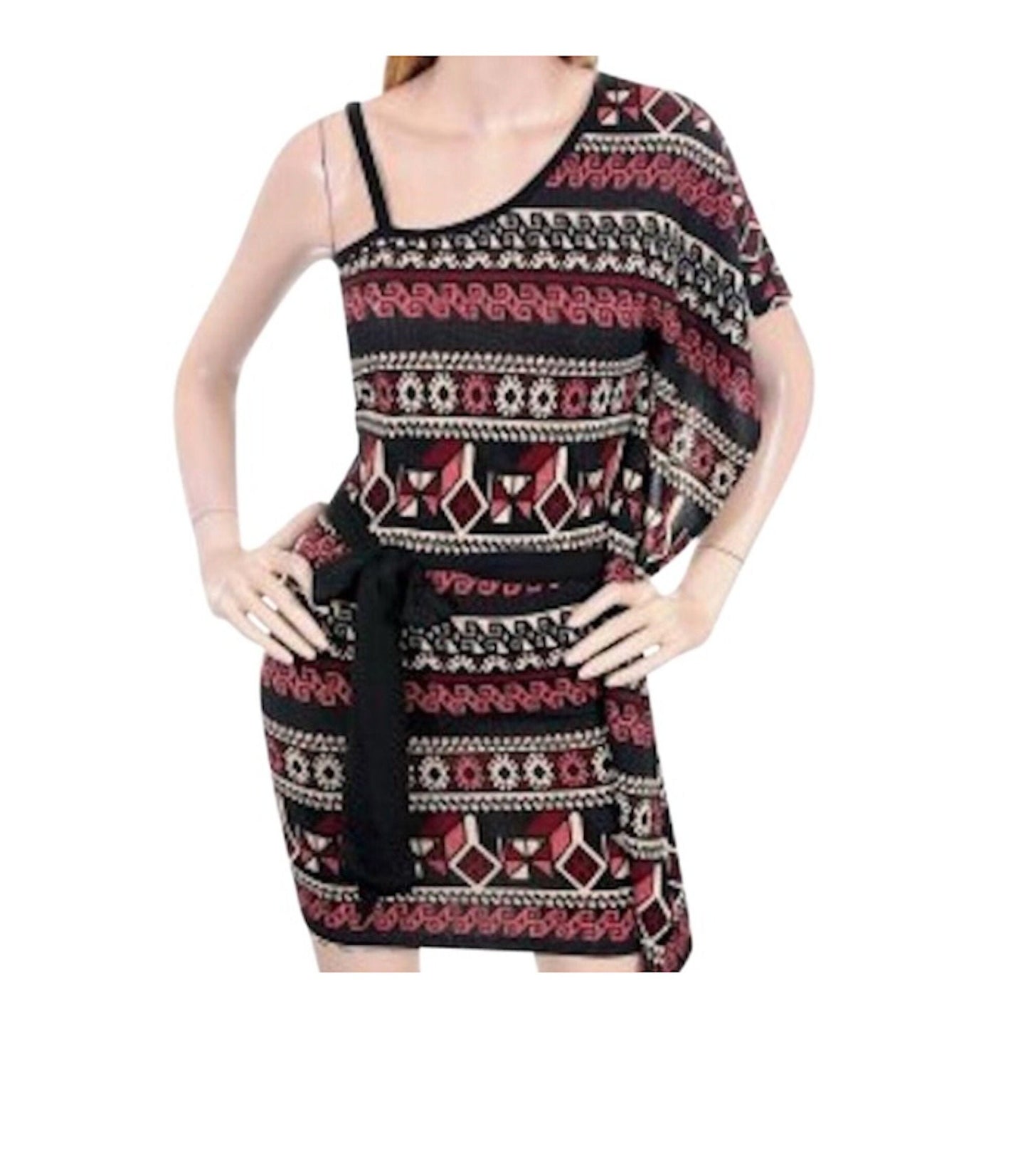 Aztec Mexican Print One Shoulder Tie Waist Knit Dress