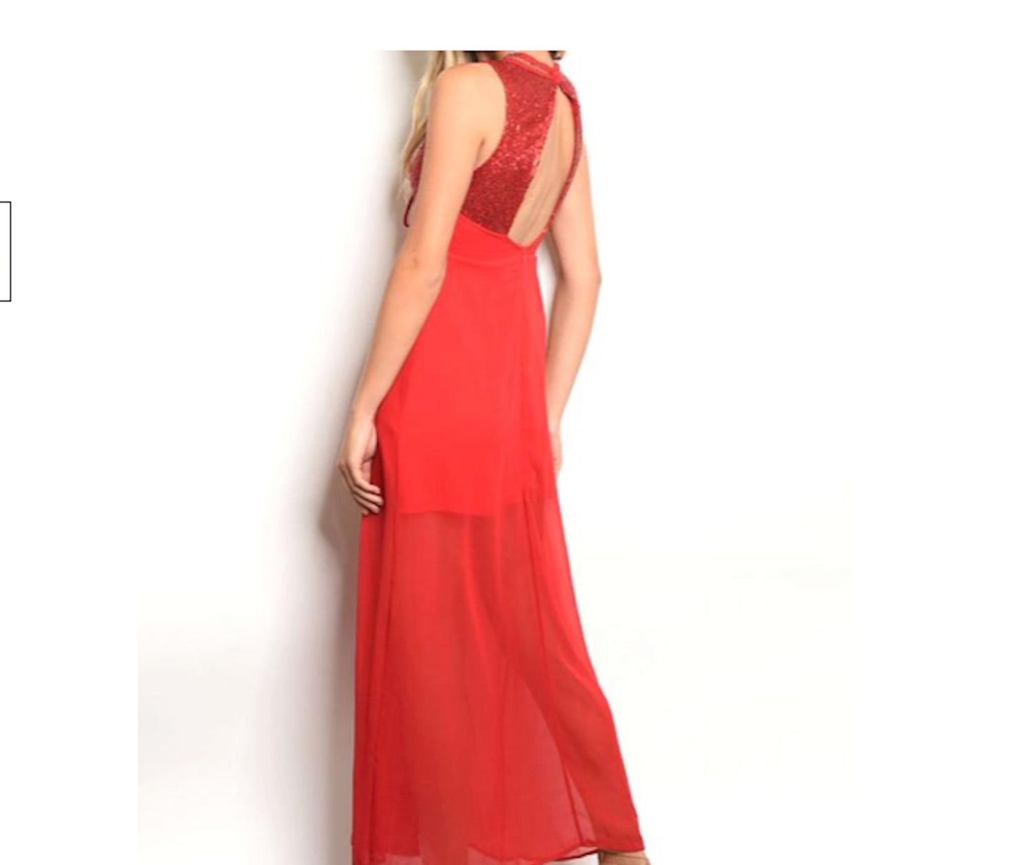 Peekaboo Back Sequin Chiffon Contrast Plunge Gown Wedding Fashion Dress