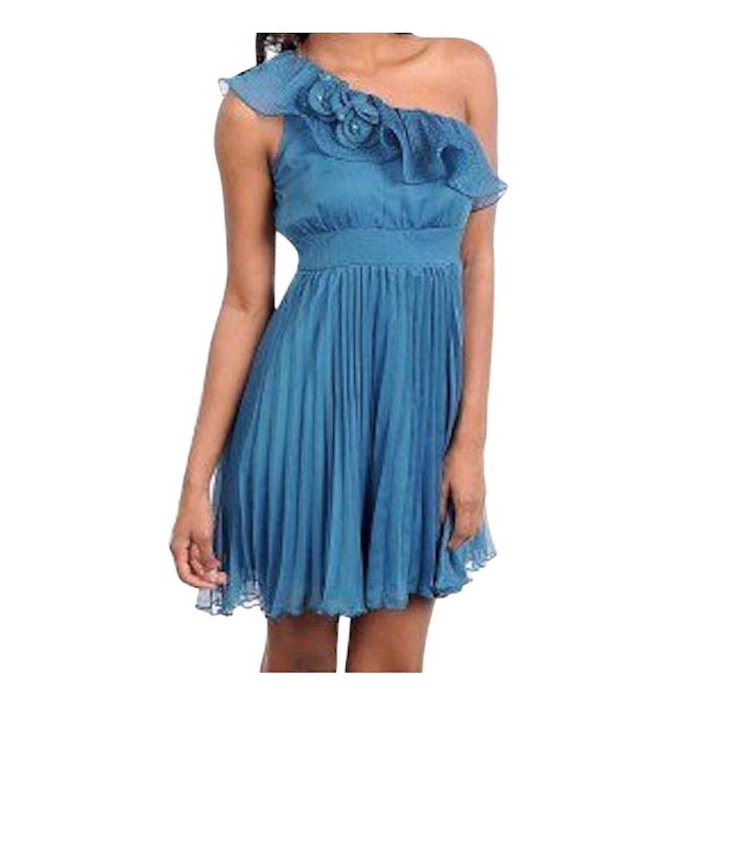 One Shoulder Rosette Accordian Pleat Cocktail Wedding Dress