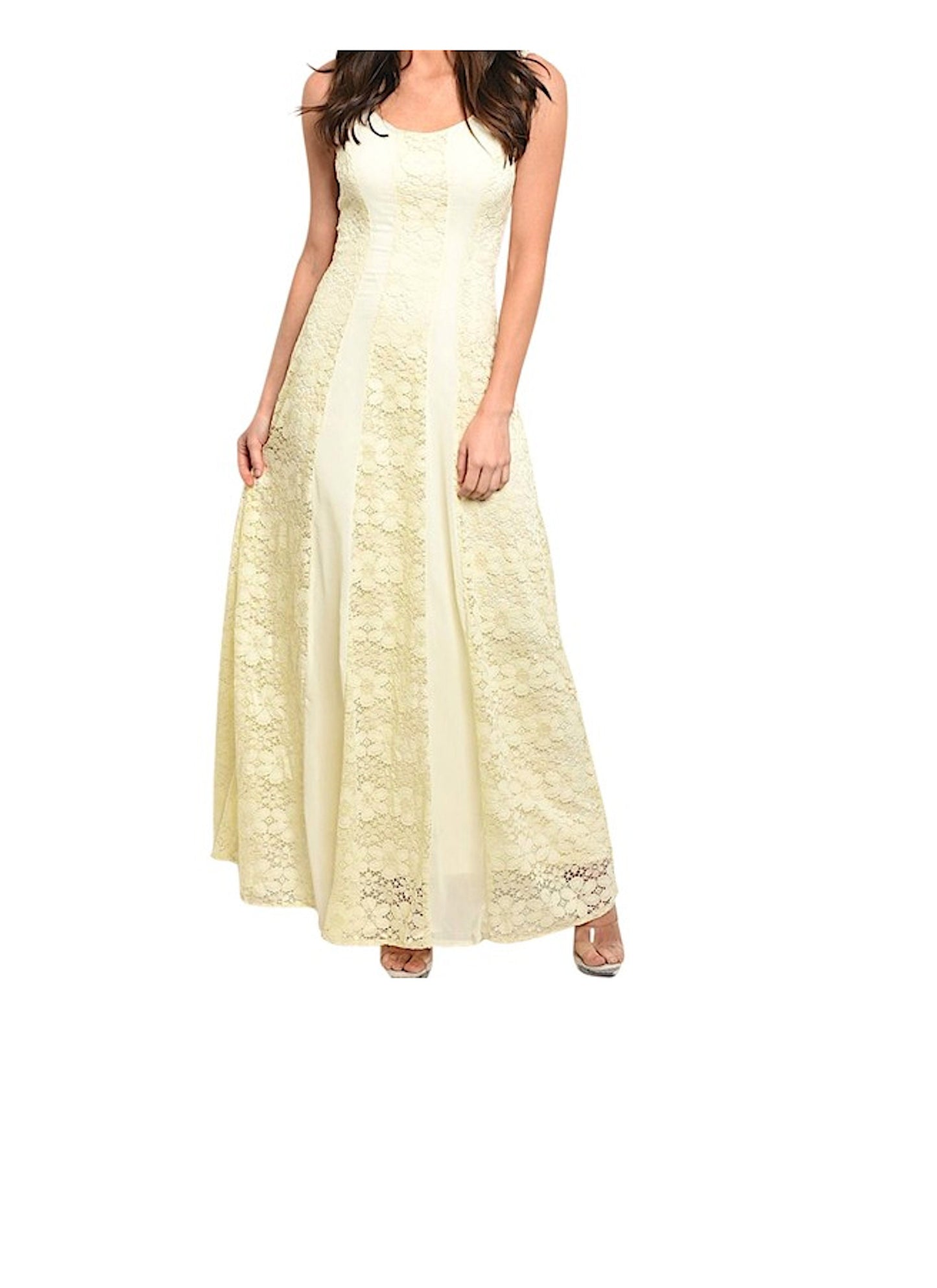 Sleeveless Floral Lace Contrast Panel Gown Wedding Fashion Dress