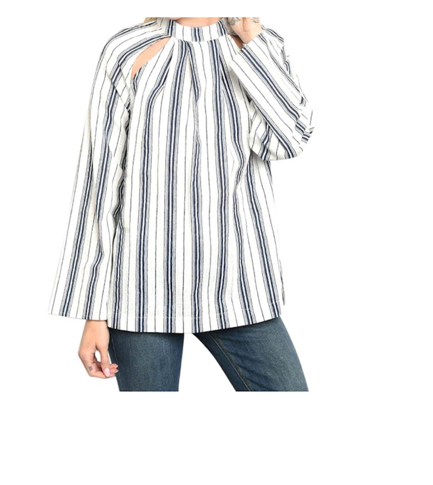Long Sleeve Stripe Cut Out Top Blouse