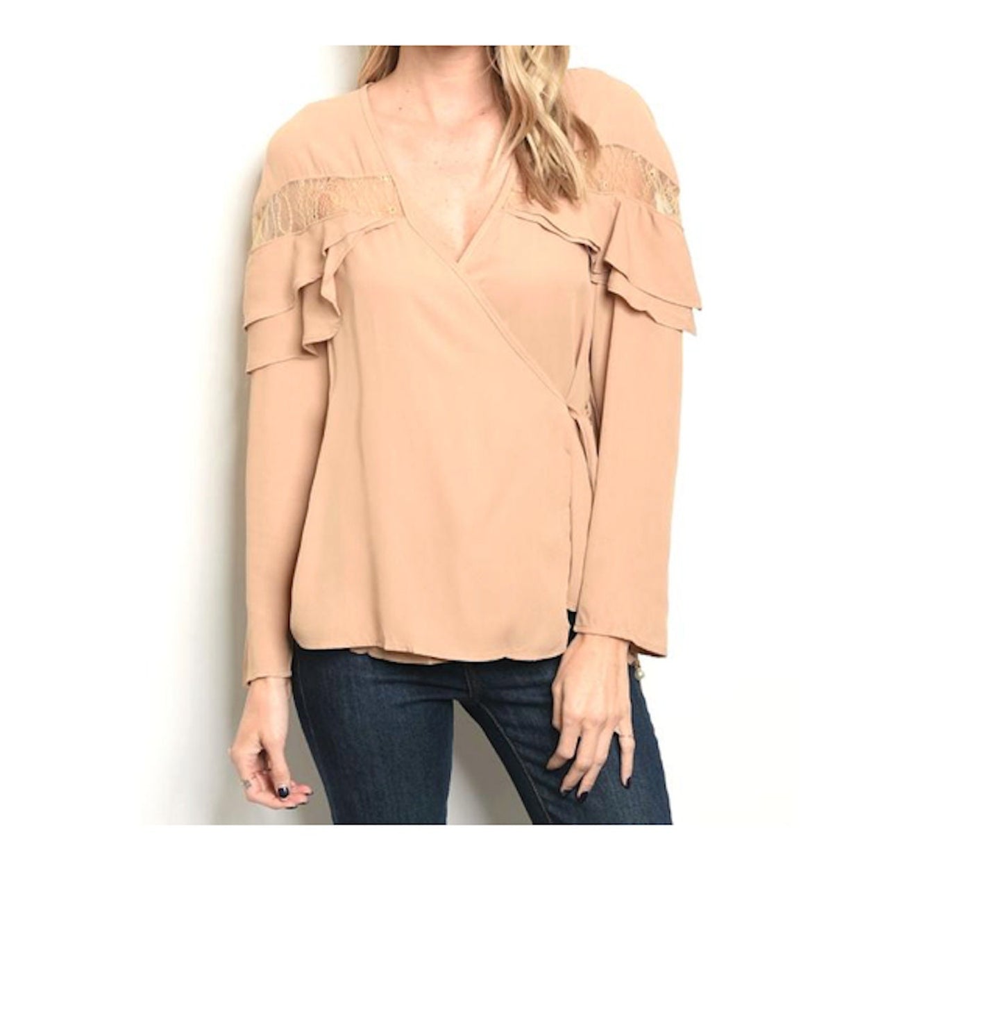 Wrap Style Lace Sheer Insert Layer Cape Top Blouse