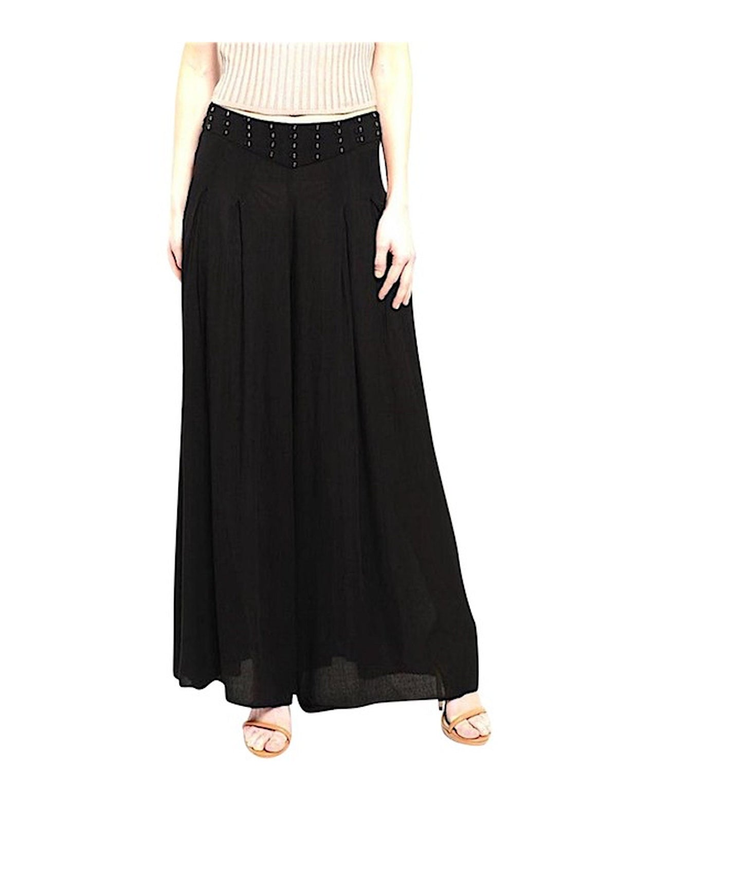 Beaded Waist Pleated Wide Leg Trouser Palazzo Pant