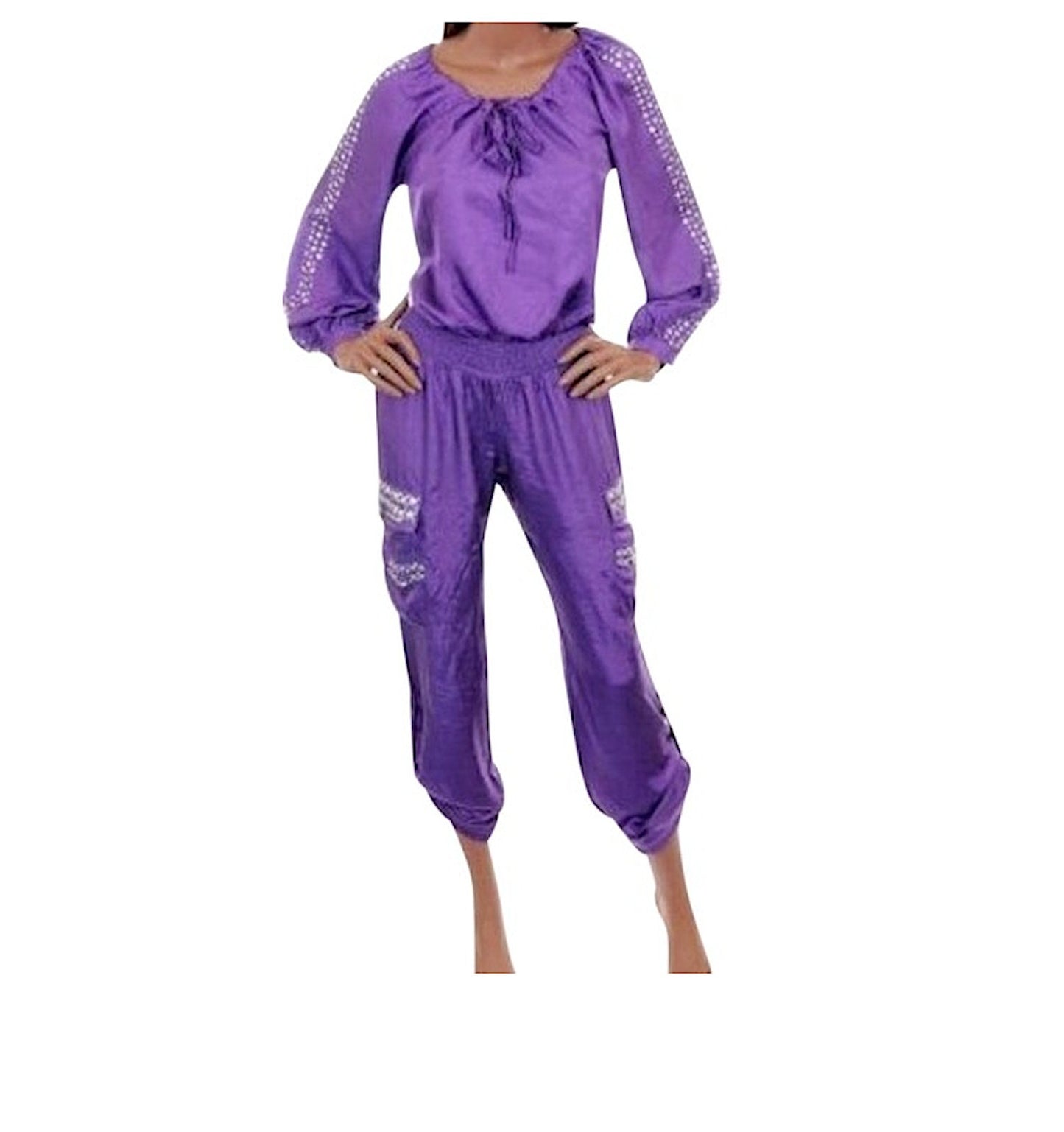 Biker Chic Off Shoulder Studded Smocked Waist Cotton Jumpsuit