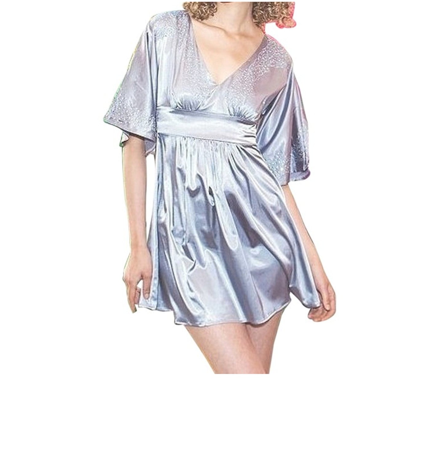 Kimono Sleeve Beaded Trim Satin Mini Dress Wedding