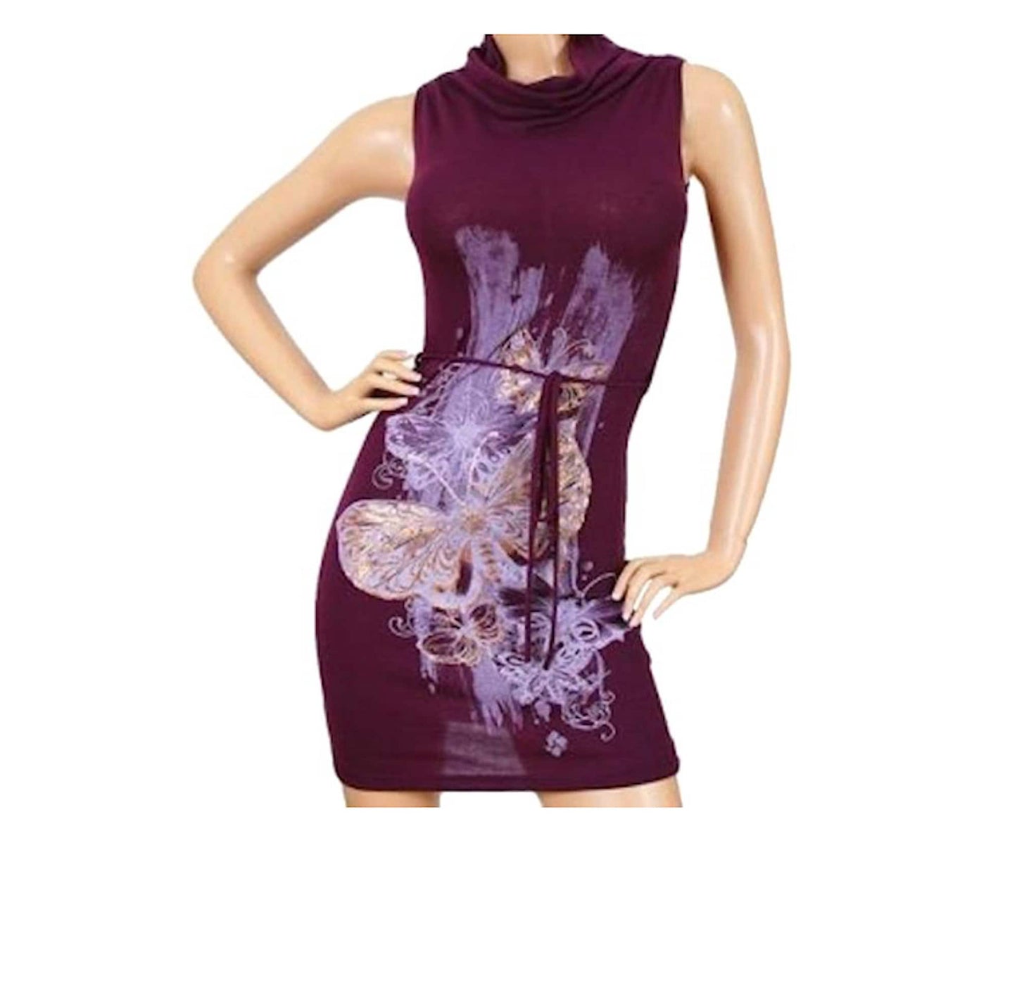 Cowl Neck Foil Butterfly Knit Belted Thin Sweater Dress