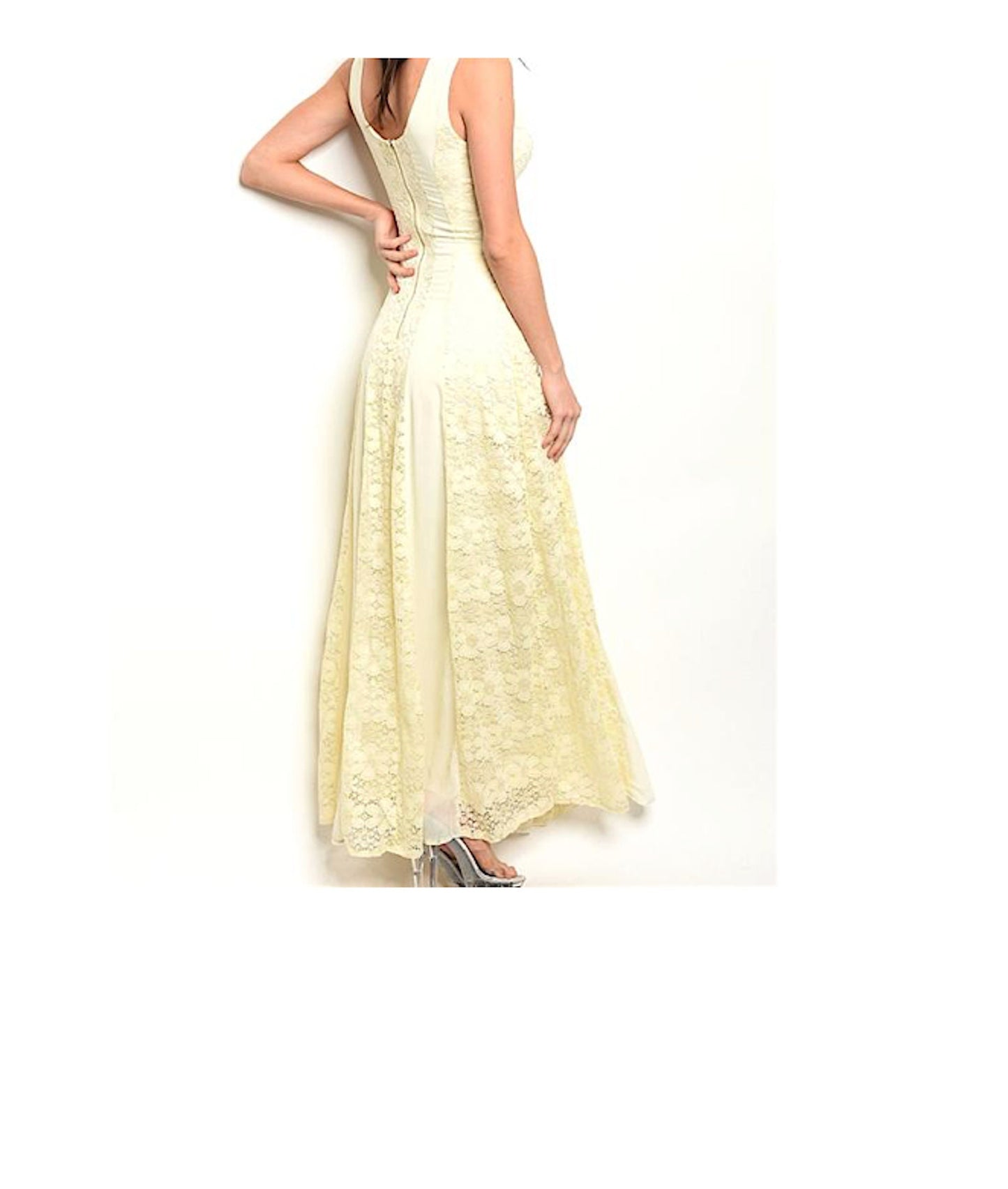 Sleeveless Floral Lace Contrast Panel Gown Wedding Fashion Dress