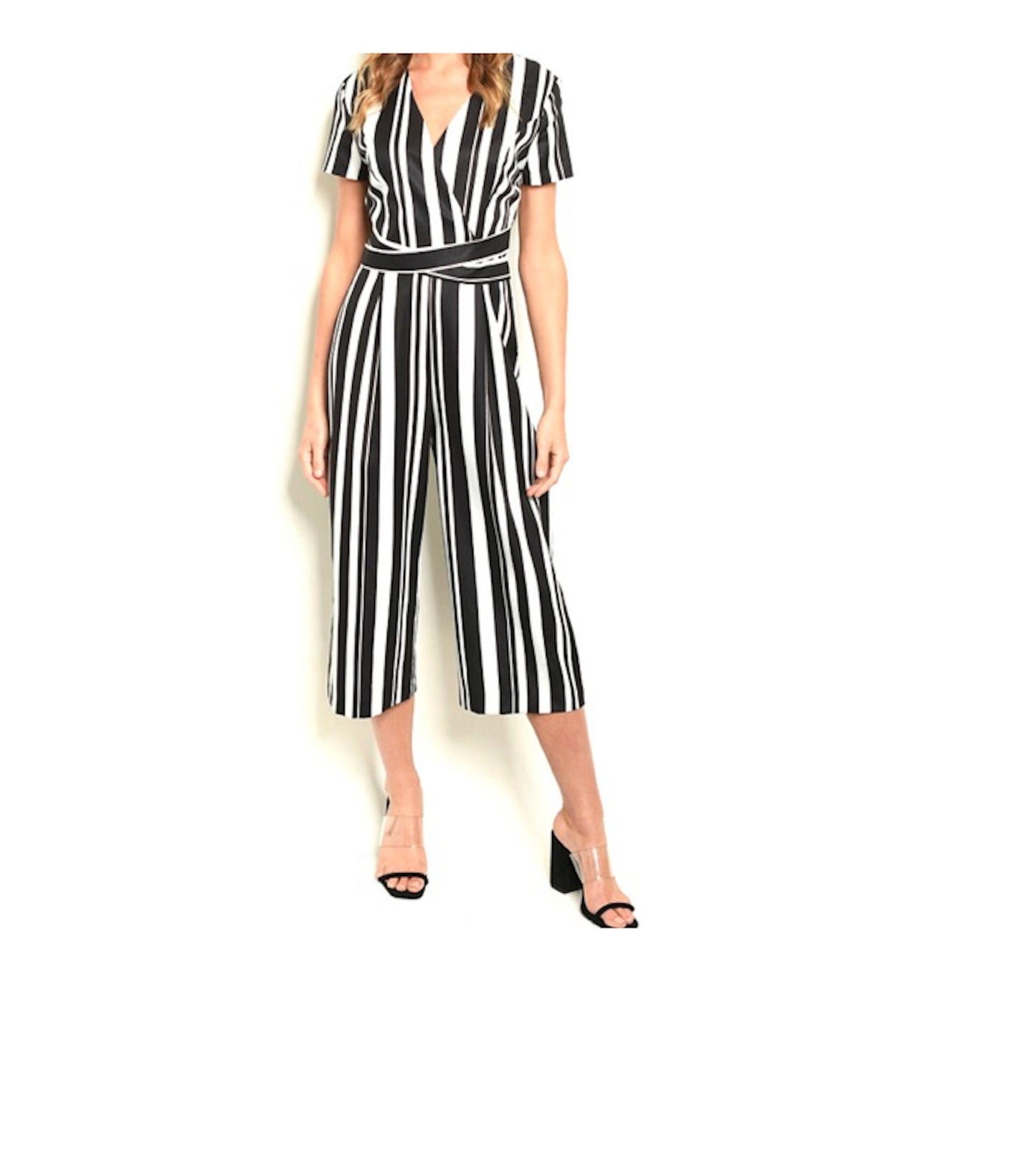 Stripe Short Sleeve Tie Back Wide Leg Crop Jumpsuit