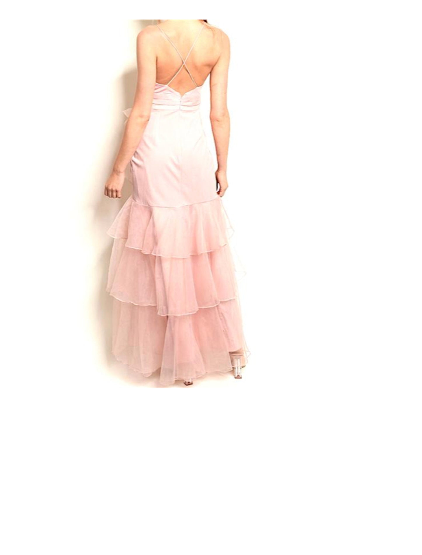 PINK TREND Spaghetti Strap Waterfall Ruffle Layer Hem Open X Back Formal Wedding Prom Dress Gown