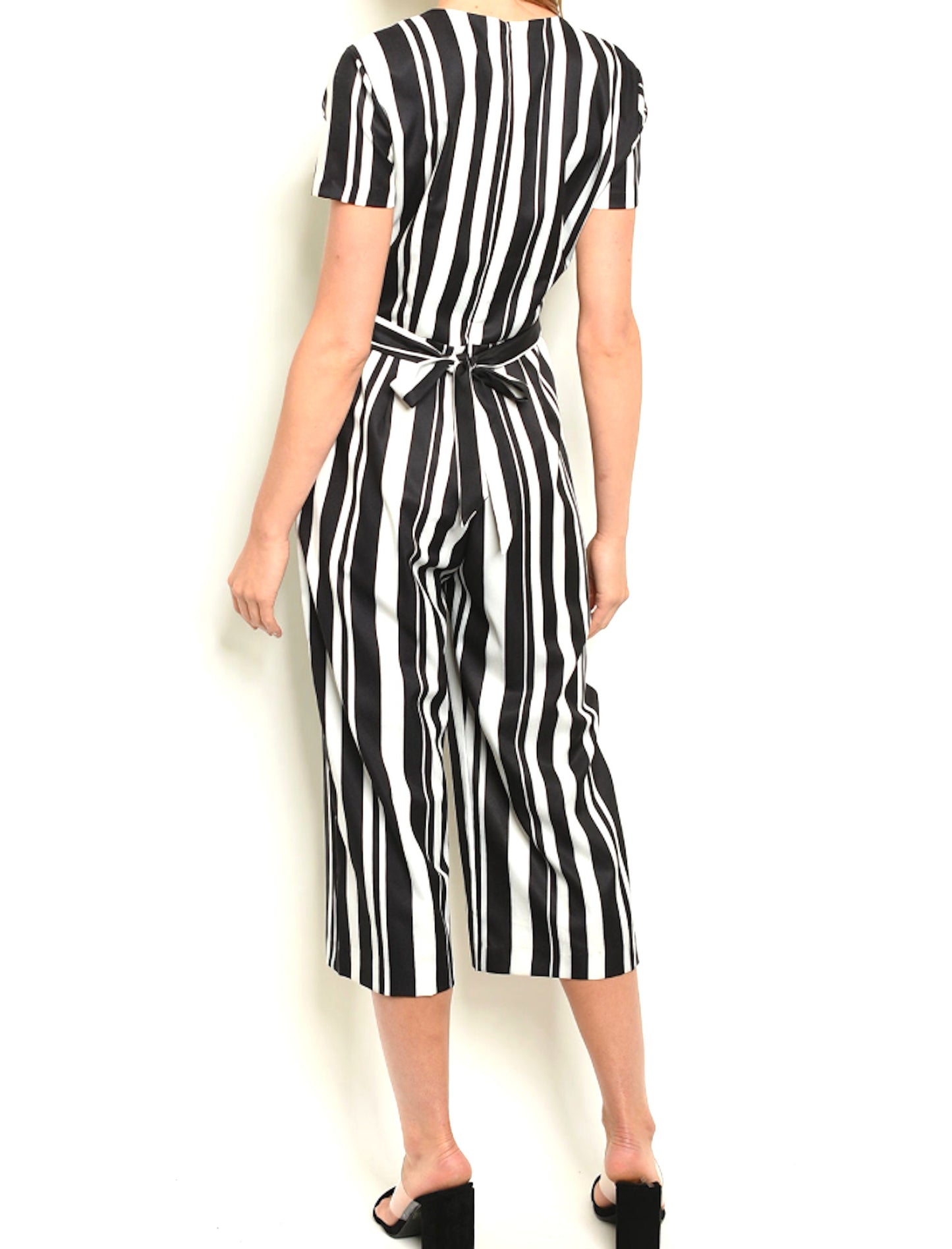 Stripe Short Sleeve Tie Back Wide Leg Crop Jumpsuit