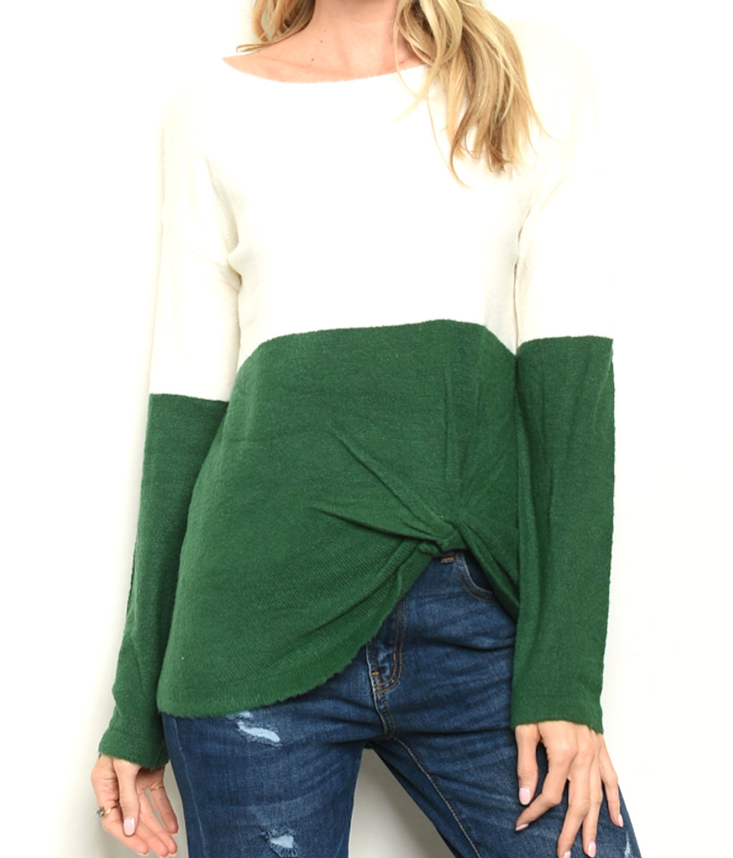 Long Sleeve Color Block Twist Front Knit Sweater Top