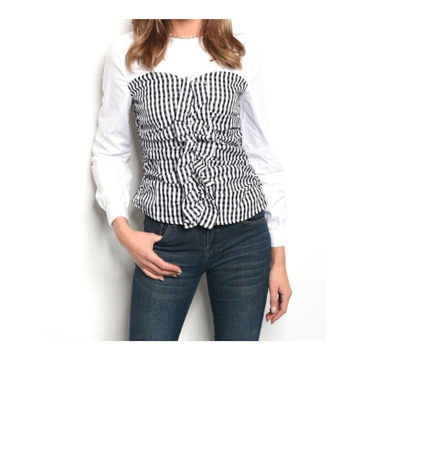 Long Sleeve Plaid Check Ruffle Corset Top Blouse