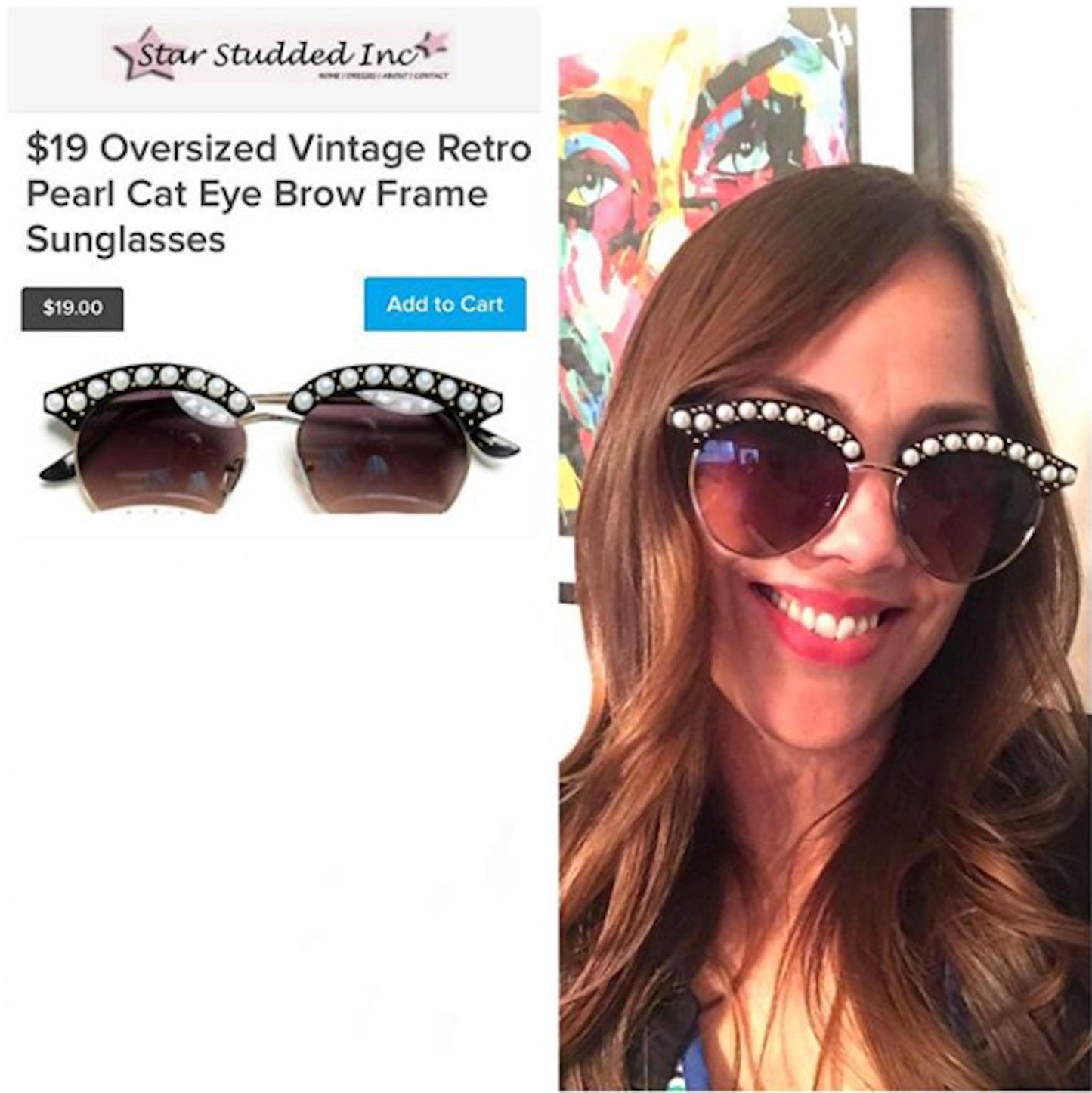 Oversized Vintage Retro Pearl Cat Eye Brow Frame Sunglasses
