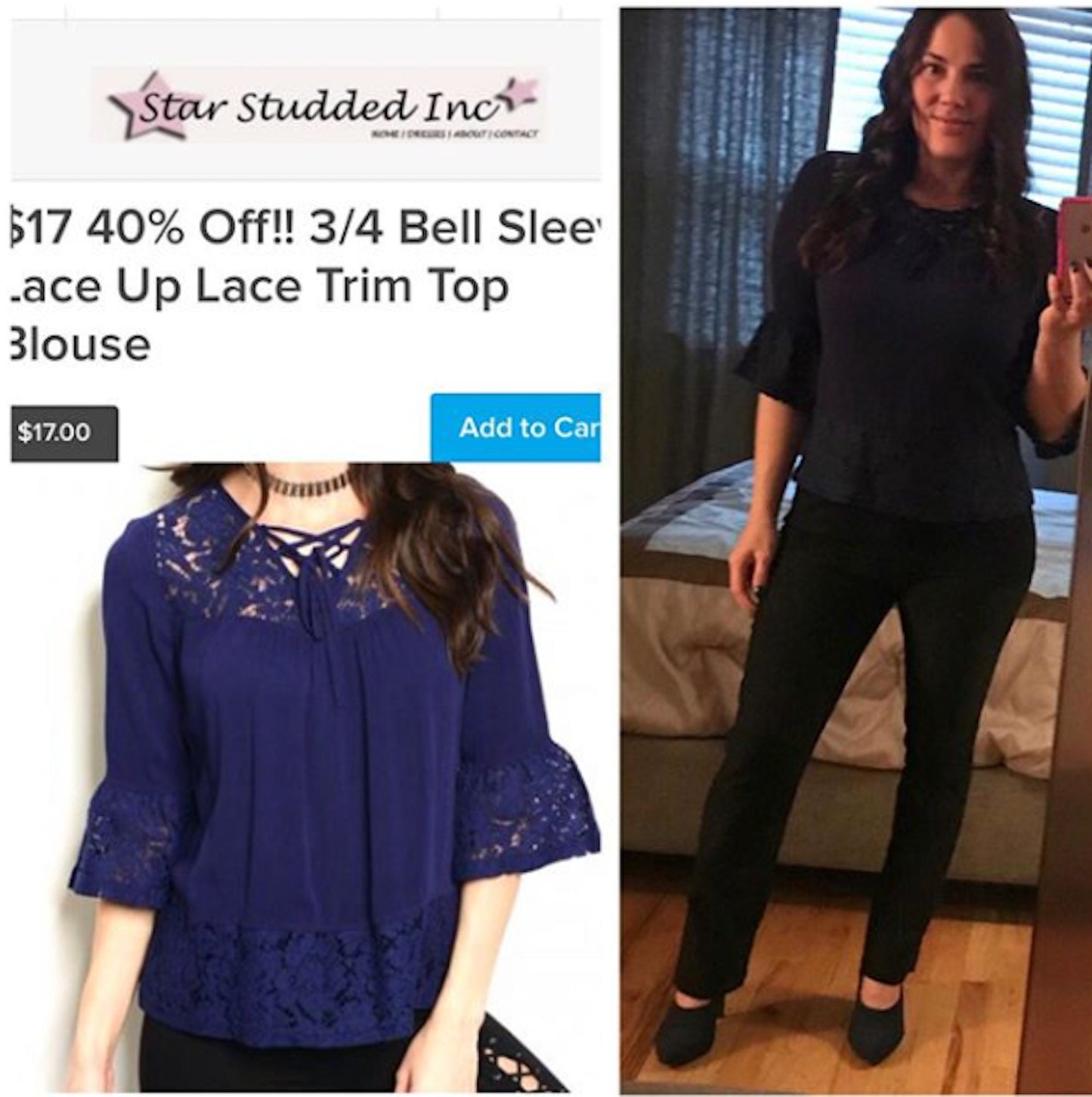 3/4 Bell Sleeve Lace Up Lace Trim Top Blouse