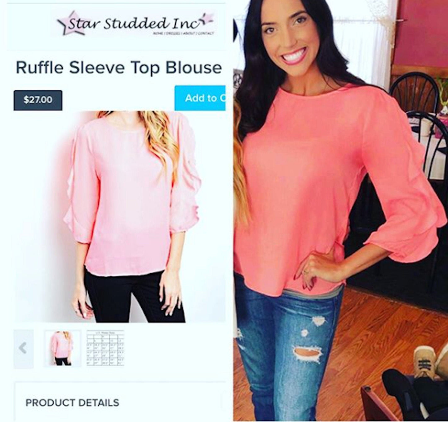 Women's Ruffle 3/4 Sleeve Semi Sheer Top Blouse