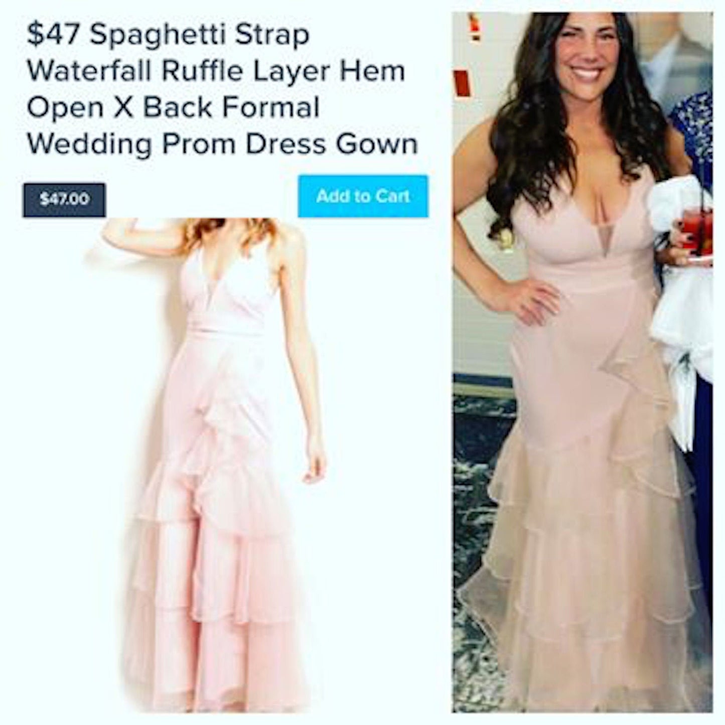 PINK TREND Spaghetti Strap Waterfall Ruffle Layer Hem Open X Back Formal Wedding Prom Dress Gown