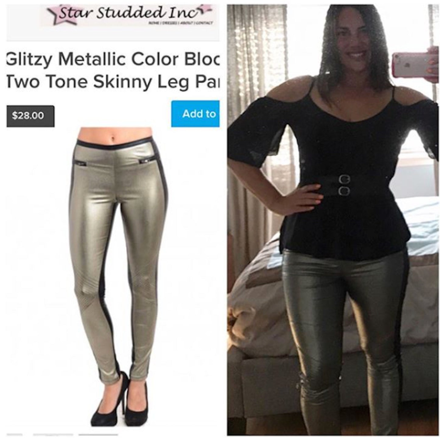 Glitzy Metallic Color Block Two Tone Skinny Leg Pant