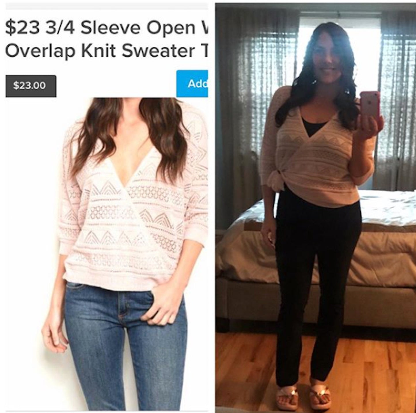 PINK TREND 3/4 Sleeve Open Weave Overlap Knit Sweater Top