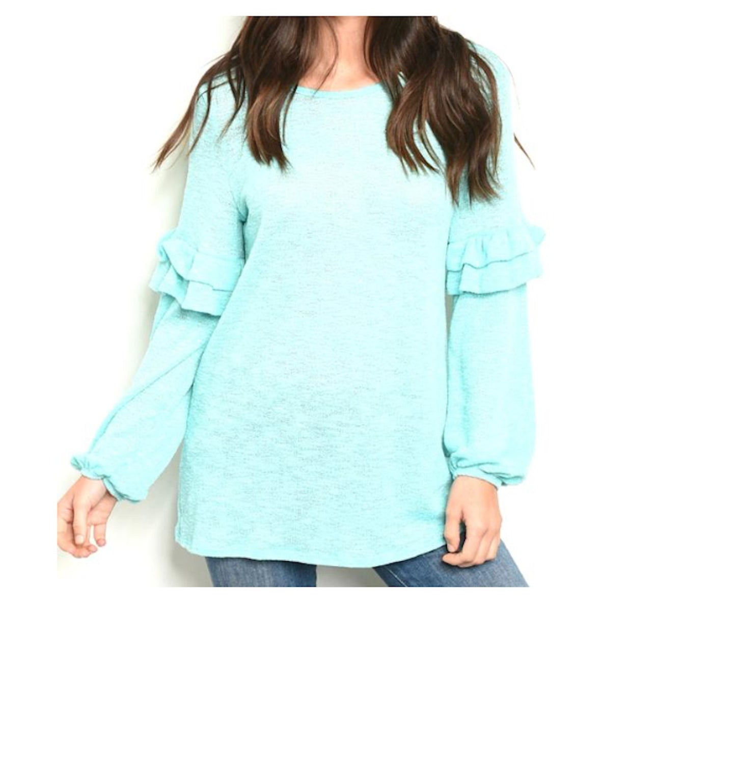 Long Blouson Ruffle Sleeve Slub Knit Tunic Top Blouse