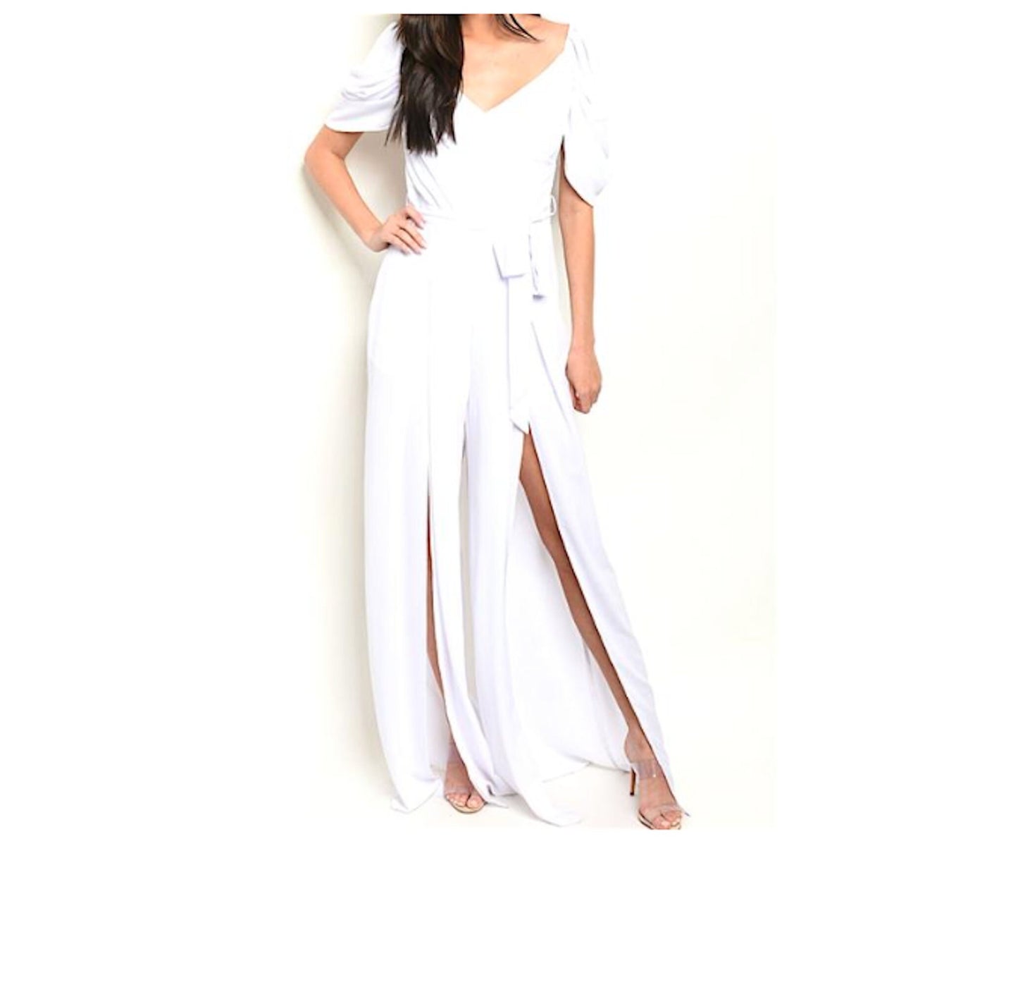 Drape Half Sleeve Tie Side Split Wide Leg Jumpsuit