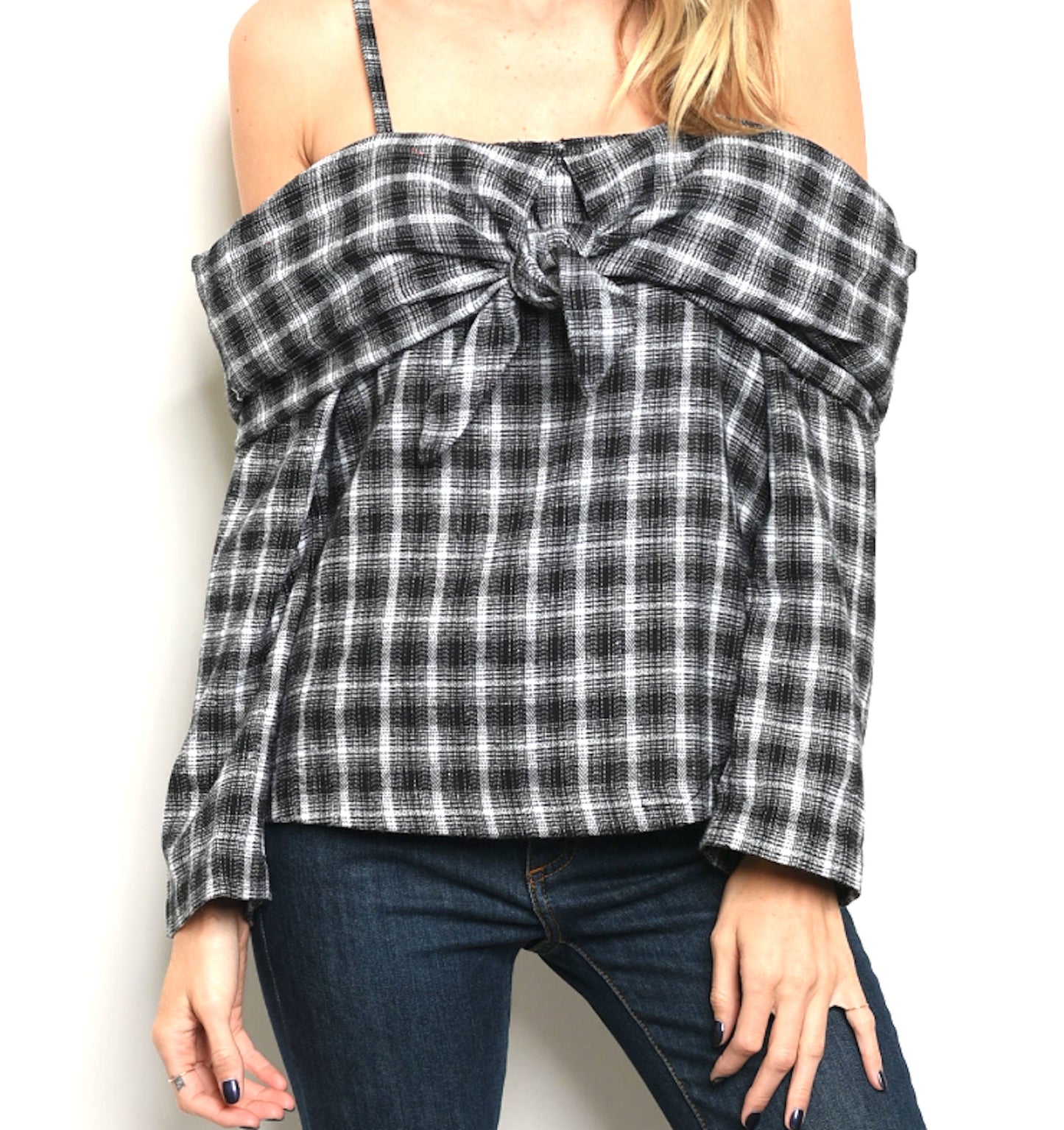 Long Sleeve Off Shoulder Bow Fold Over Plaid Check Top Blouse