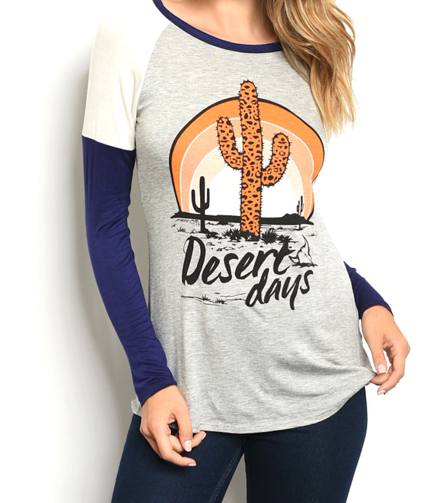 Long Sleeve Raglan "Desert Days" Cactus Tunic Top Tee Shirt Blouse