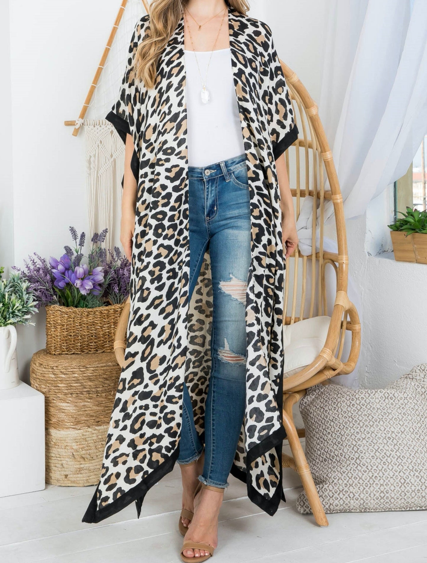 Leopard Elbow Kimono Sleeve Open Front Cardigan Beach Cover-Up
