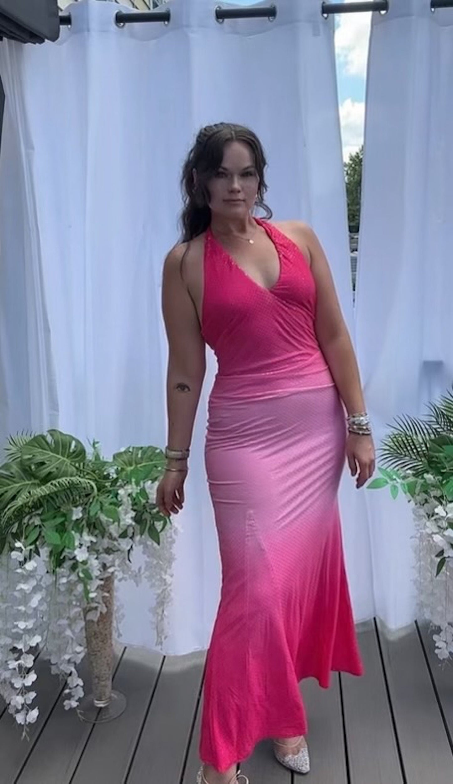 PINK TREND Liquid Ombre Jewel Open Back Halter Fishtail Wedding Prom Dress Fashion