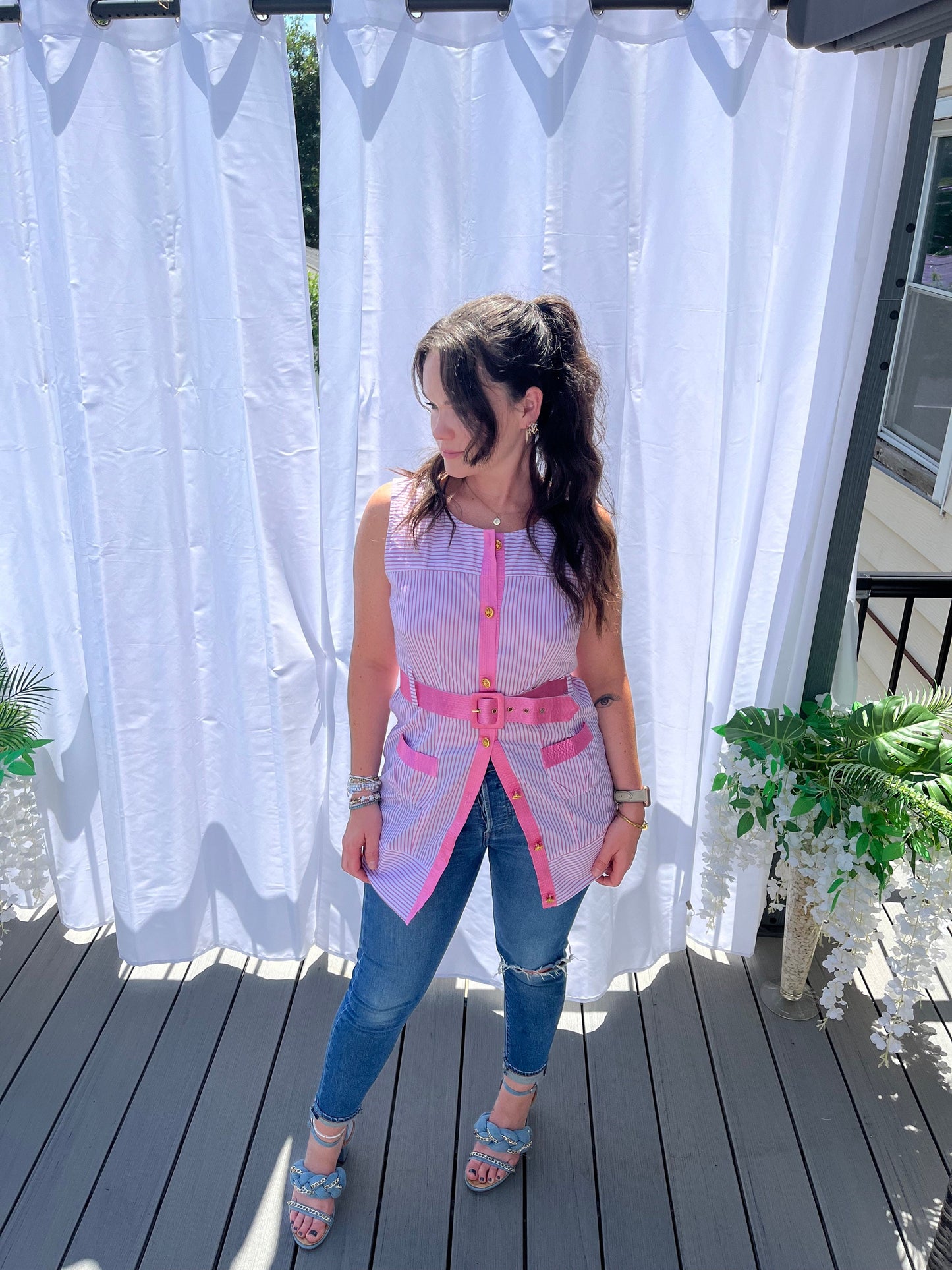 PINK TREND Jackie O Style Belted Sleeveless Stripe Mini Dress or Tunic