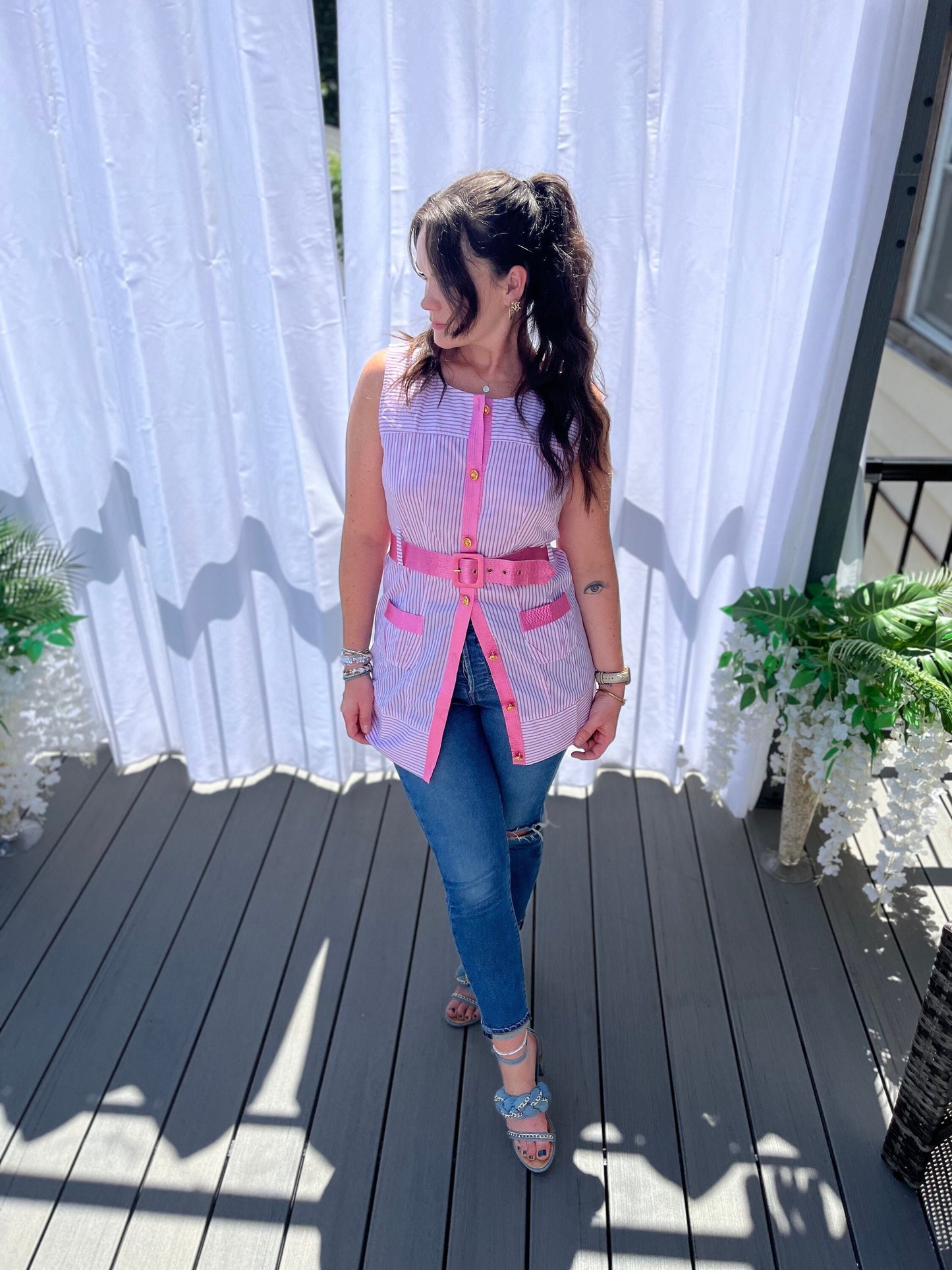 PINK TREND Jackie O Style Belted Sleeveless Stripe Mini Dress or Tunic
