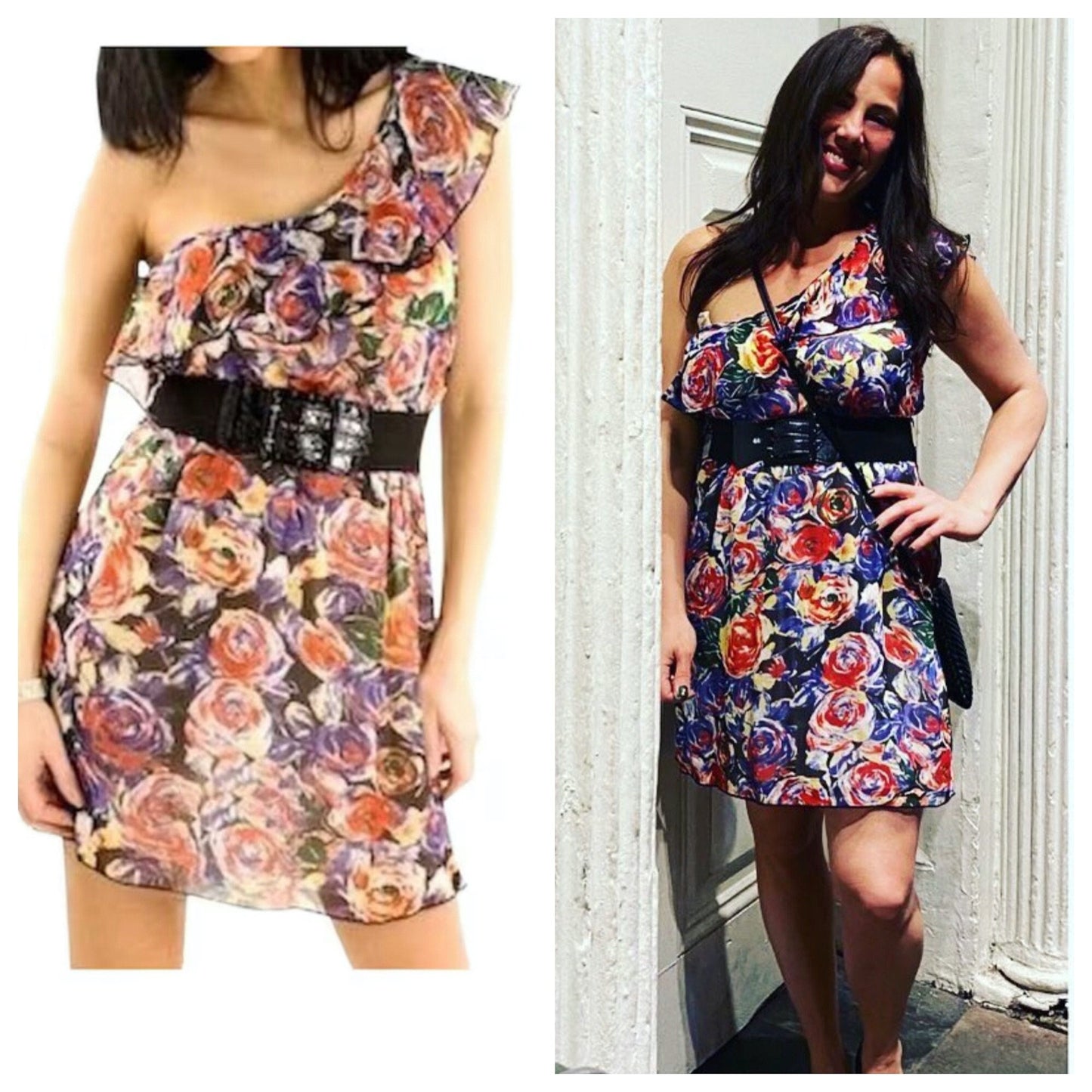 One Shoulder Floral Belted Ruffle Dress