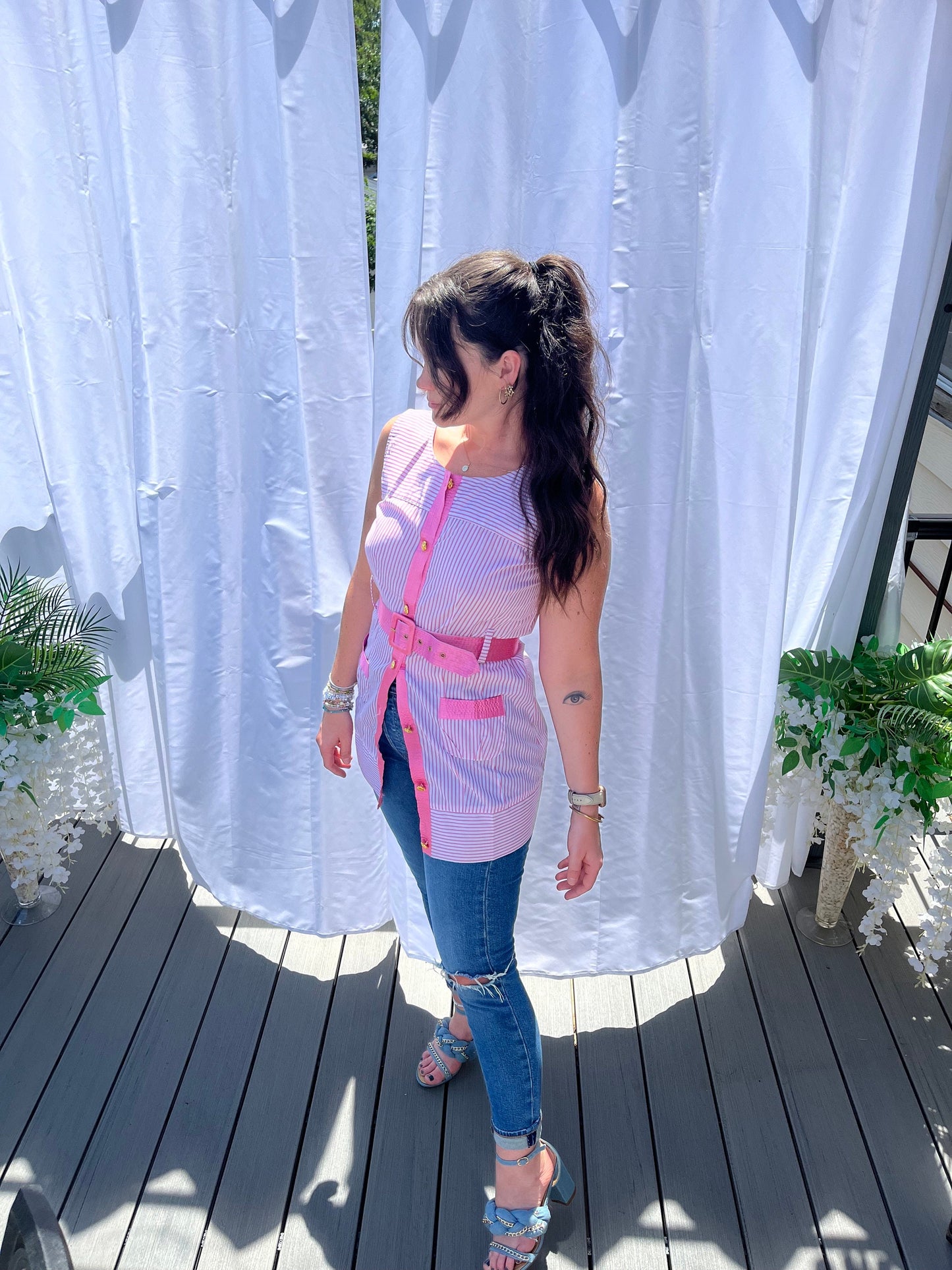 PINK TREND Jackie O Style Belted Sleeveless Stripe Mini Dress or Tunic