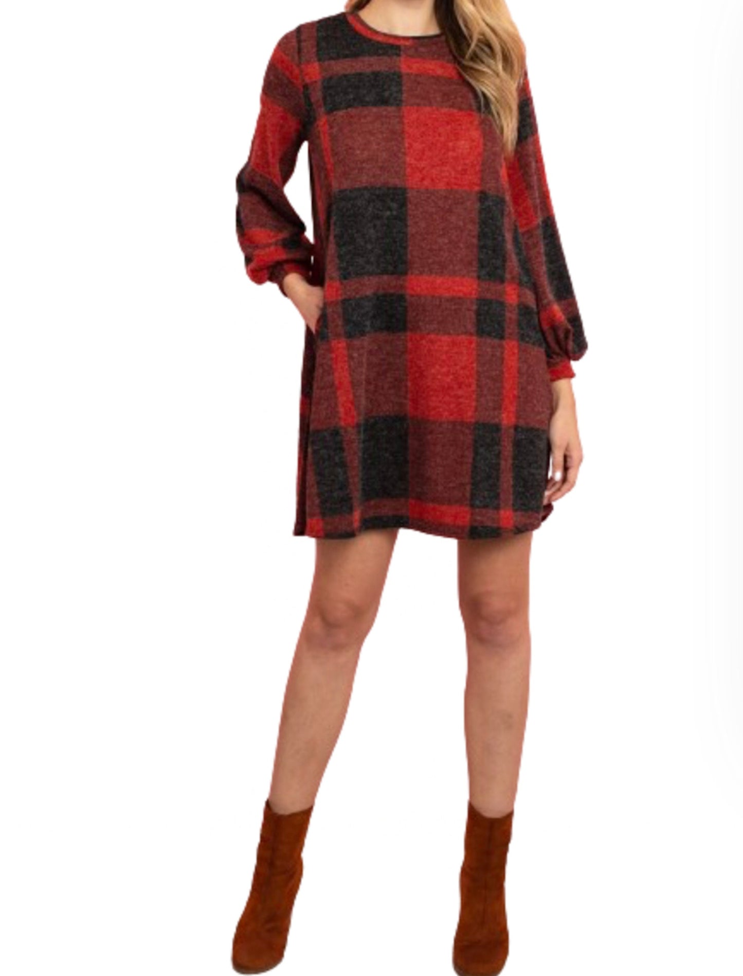 Long Blouson Sleeve Plaid Mini Pocket Shift Dress