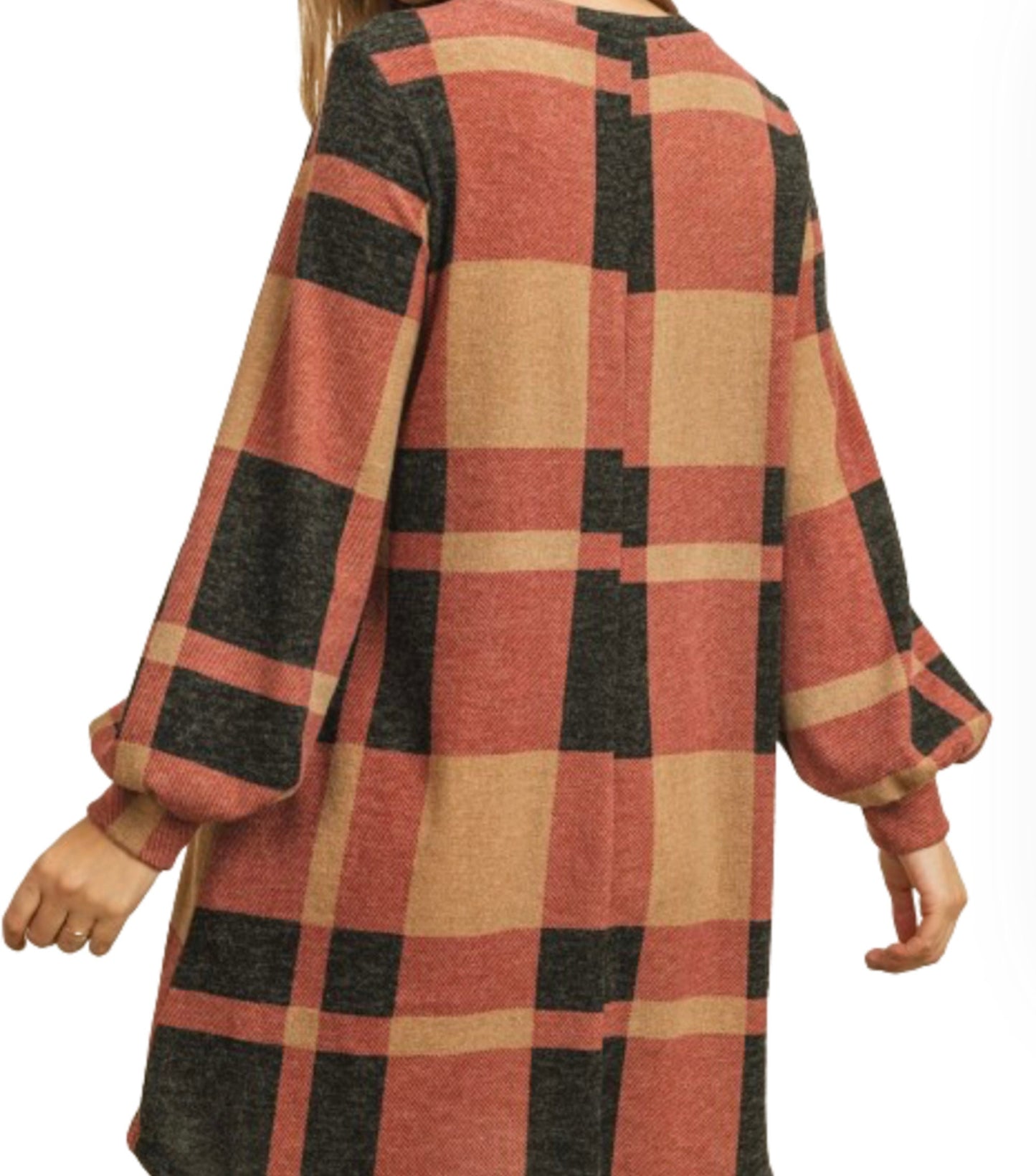 Long Blouson Sleeve Plaid Mini Pocket Shift Dress