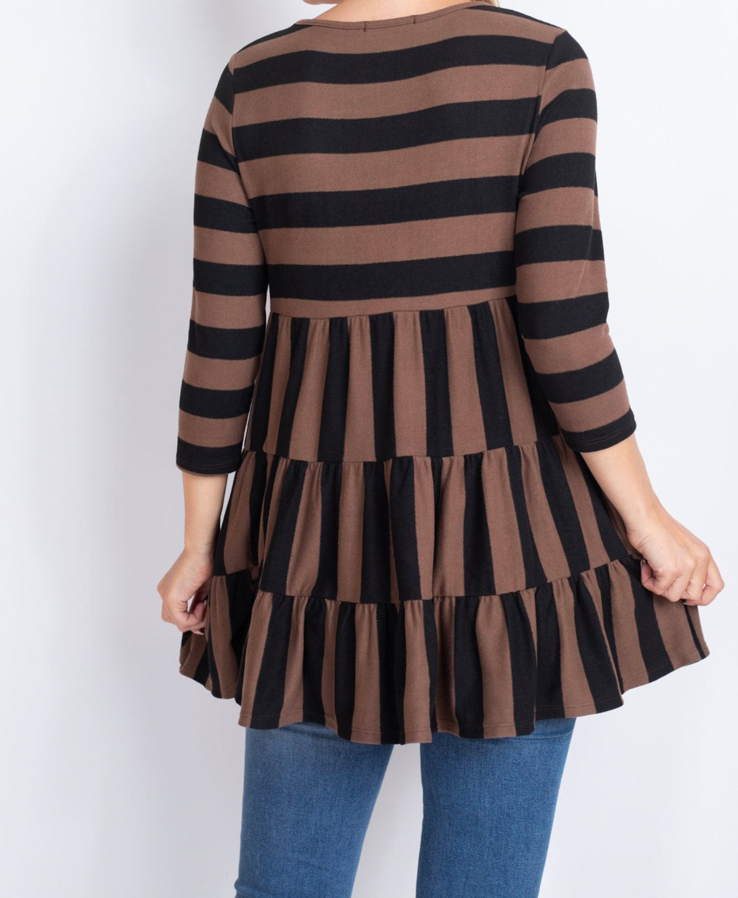 Plus Size 3/4 Sleeve Alternating Stripe Babydoll Top Blouse